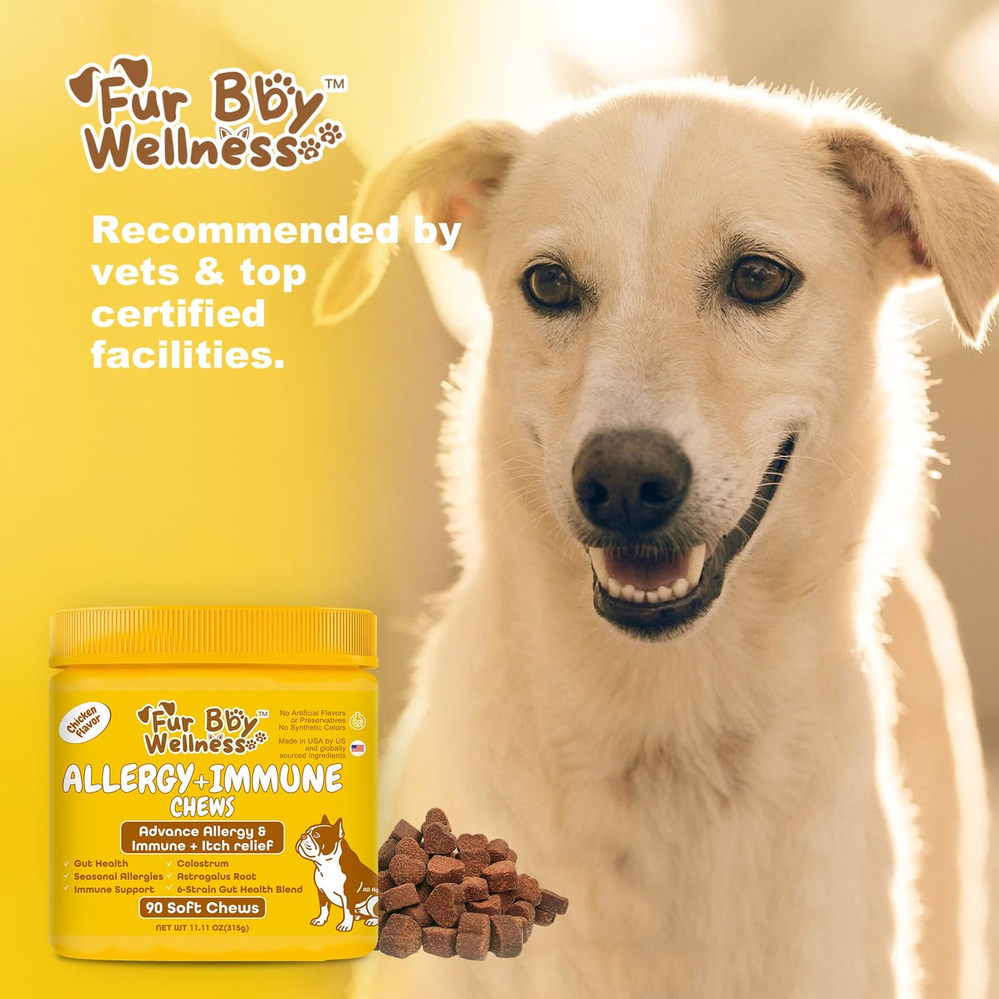 Allergy & Immune Support Chews for Dogs Seasonal Allergy Relief, Itchy Skin, Probiotics for Gut Health & Strong Immunity with Colostrum, Astragalus, Yeast Fermentate & Probiotic Blend 90 Soft Chews