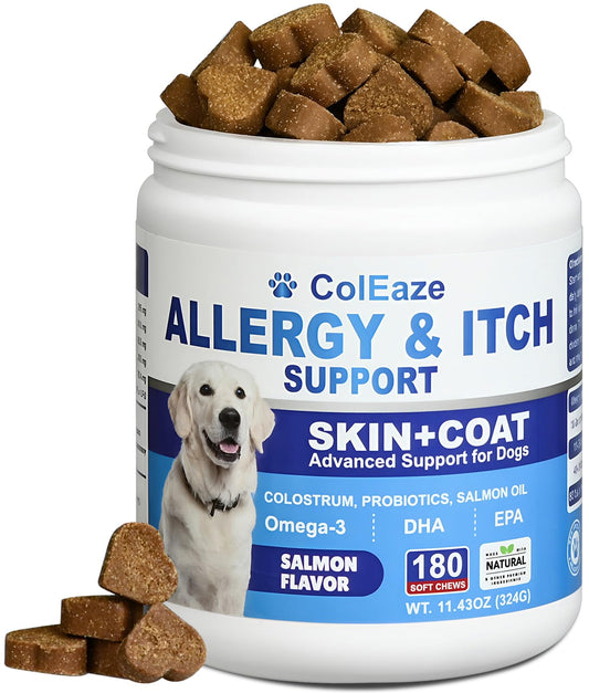 Dog Allergy Chews 180PCS Anti Itch Immune Treats Omega 3 Fish Oil Skin & Coat Supplement with Probiotics Colostrum Itchy Skin Relief Treatment Pills for Dry Skin Itchy Licking Seasonal Allergies