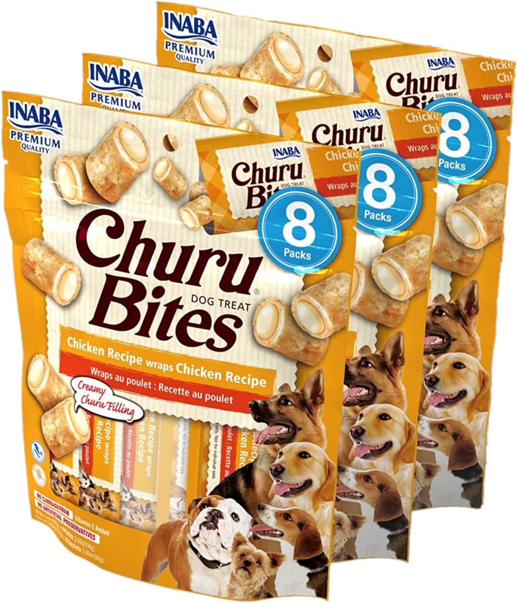 INABA Churu Bites for Dogs, Grain-Free, Soft/Chewy Baked Chicken Wrapped Churu Filled Dog Treats, 0.42 Ounces Each Tube | 24 Tubes Total (8 Tubes per Pack), Chicken Recipe