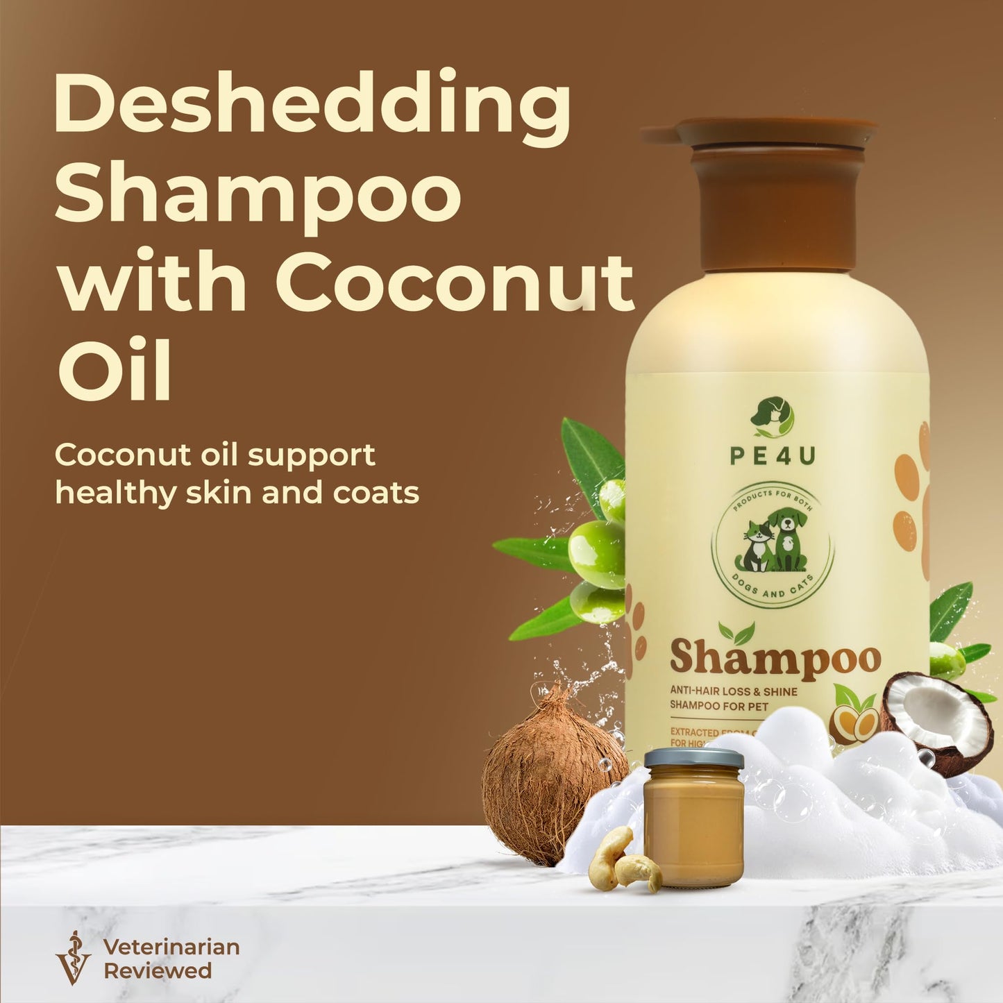 PE4U Natural Pet Shampoo for Dogs & Cats – Smooth Coat, Reduce Shedding & Odor Control – Coconut & Olive Oil Formula - Safe for Sensitive Skin, Hypoallergenic, Relieve Dry Skin - [Shampoo + Ear Drop]
