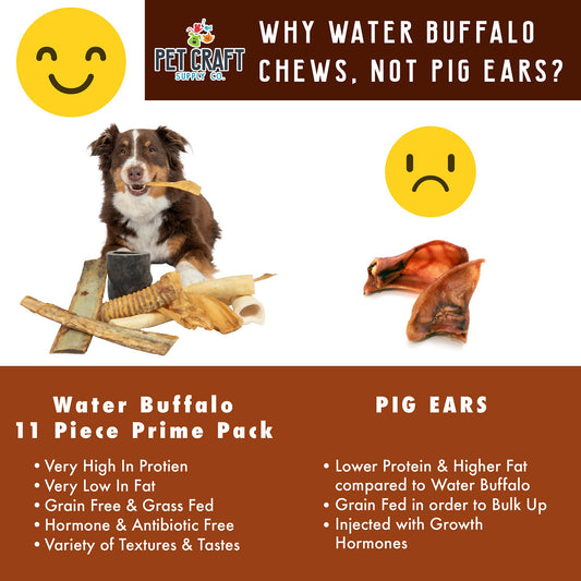 Pet Craft Supply Pure Natural Grass Fed Grain Free Water Buffalo Variety Pack of 11 Durable Tough Dog Chew for Aggressive Chewers and Puppies, Black