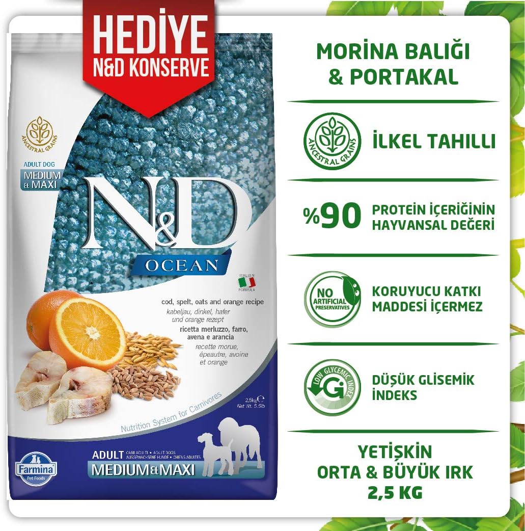 Farmina N&D Ocean Dog Dry Med/Maxi Cod Spelt Oats Orange 5.5 Pounds