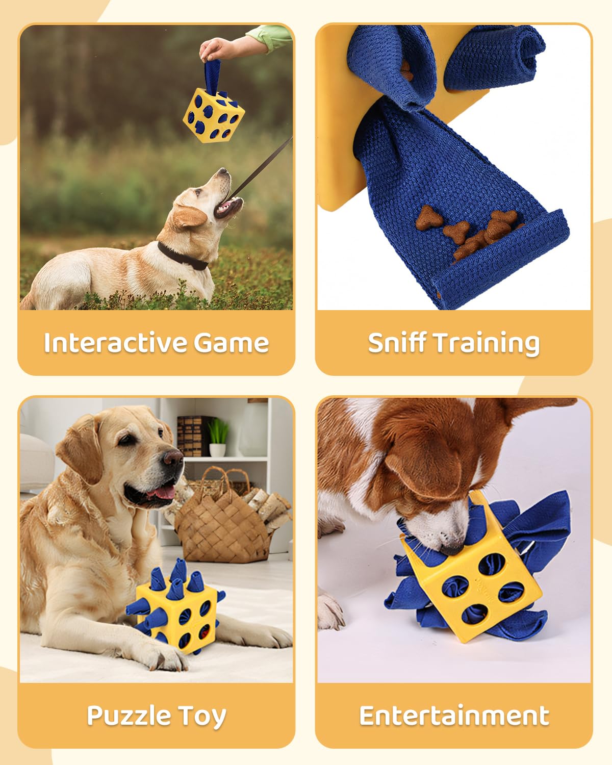Interactive Puzzle Dog Toy Encourage Natural Foraging Skill, Durable Dog Enrichment Toy Snuffle Cube Cloth Strip with Hide & Seek Food, Slow Feeder for Mind Stimulate & Stress Relief (Yellow)