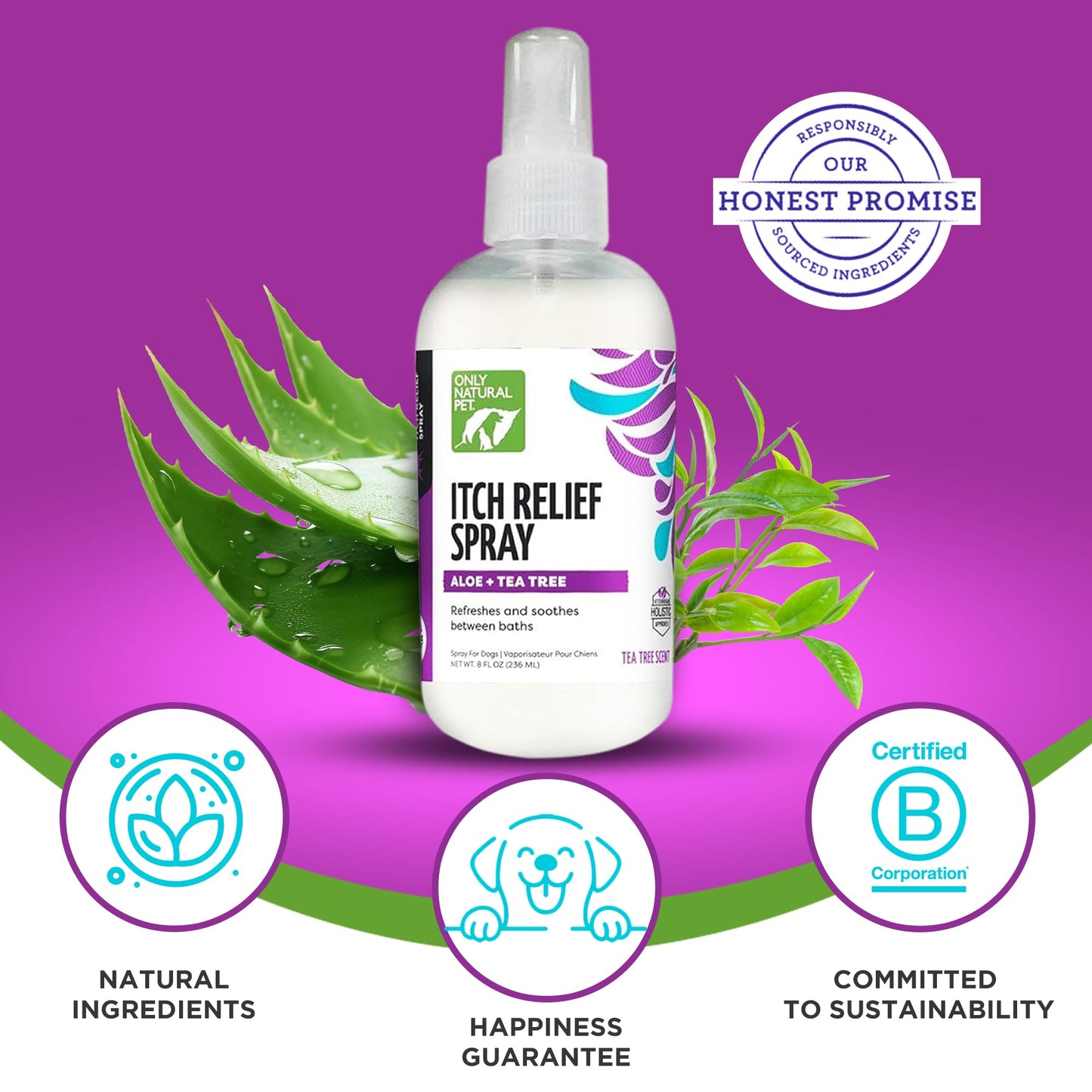 Only Natural Pet Itch Relief Spray with Aloe + Tea Tree for Dogs, Anti Itch Spray for Dogs Allergies to Soothe Dry Irritated Skin and Itchy Skin Relief - 8 oz