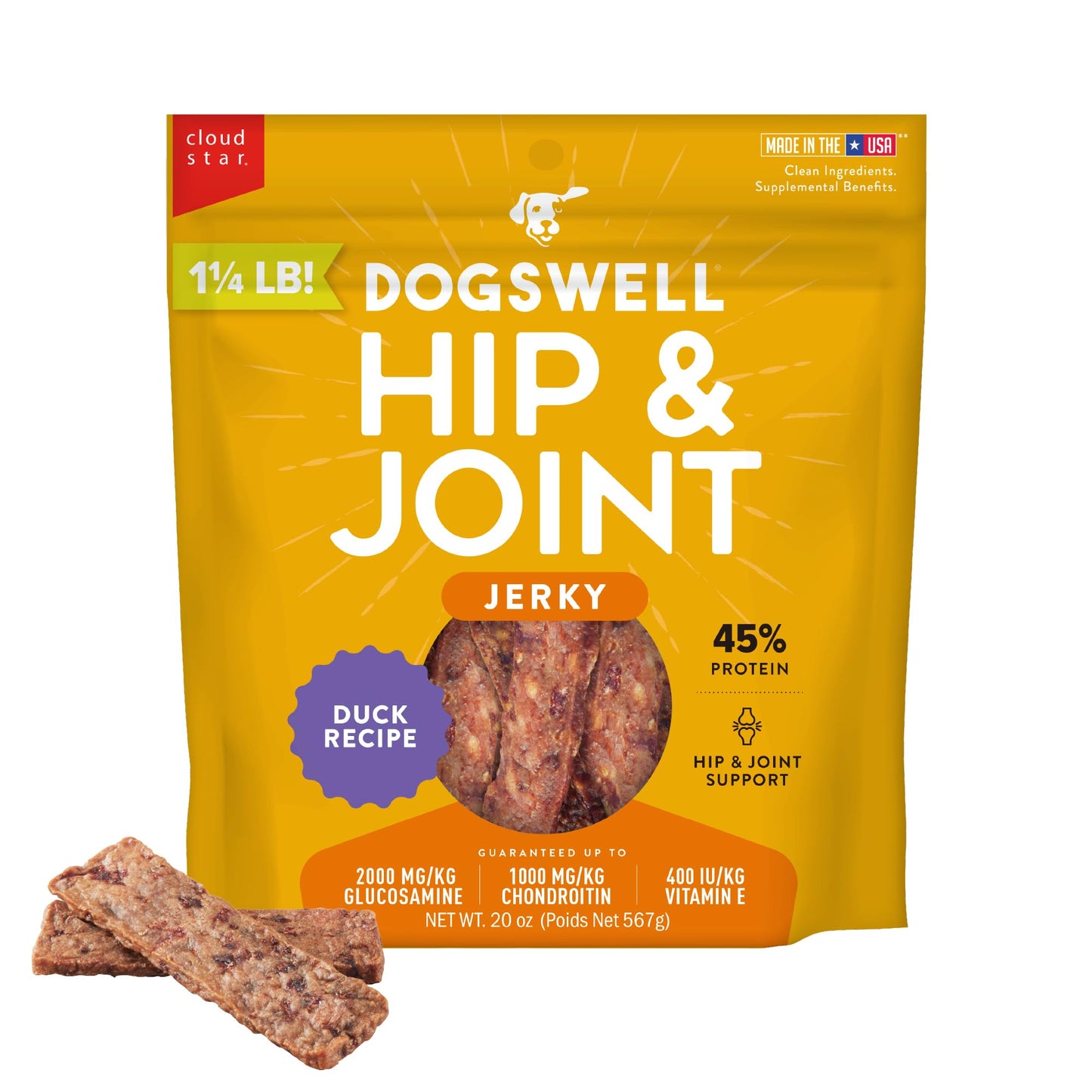 Dogswell Jerky Hip and Joint Dog Treats Grain Free Made in USA Only, Glucosamine and Chondroitin, 20 oz Duck