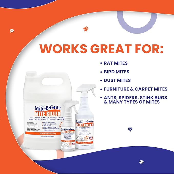 Mite Killer Spray by Mite-B-Gone Treatment — Kills Human Mites, Dust, Spider, Rat, Carpet & Bird Mites in Homes, Furniture, Bedding, Auto & On Animals | Non-Toxic | Kid & Pet Safe | 32oz Spray