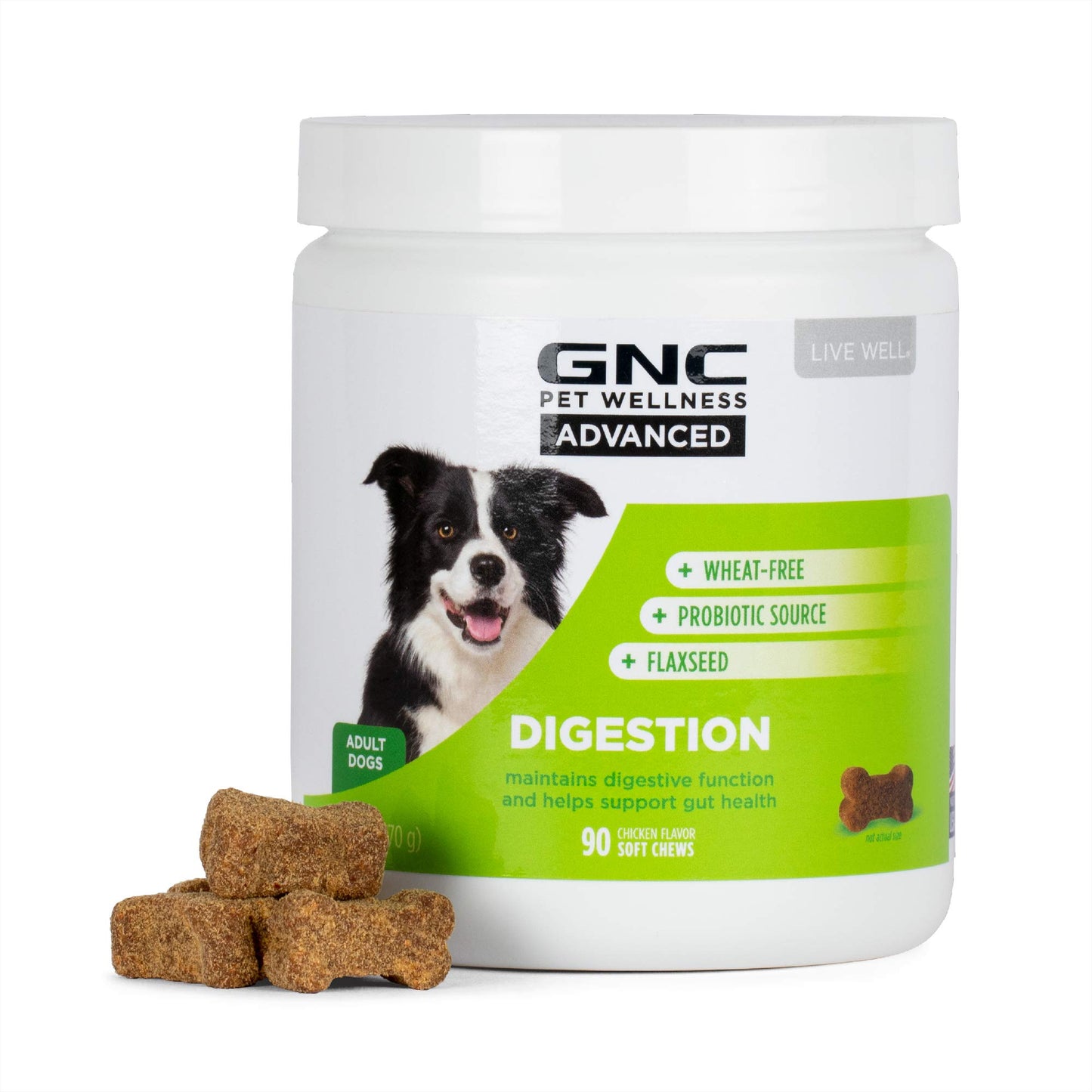GNC Pets Advanced Digestion Dog Supplements, Soft Chew Digestive Support with Flaxseed & Probiotics for Gut Health, Chicken Flavor Vitamins & Enzymes Supplement for All Dogs, 90 Count