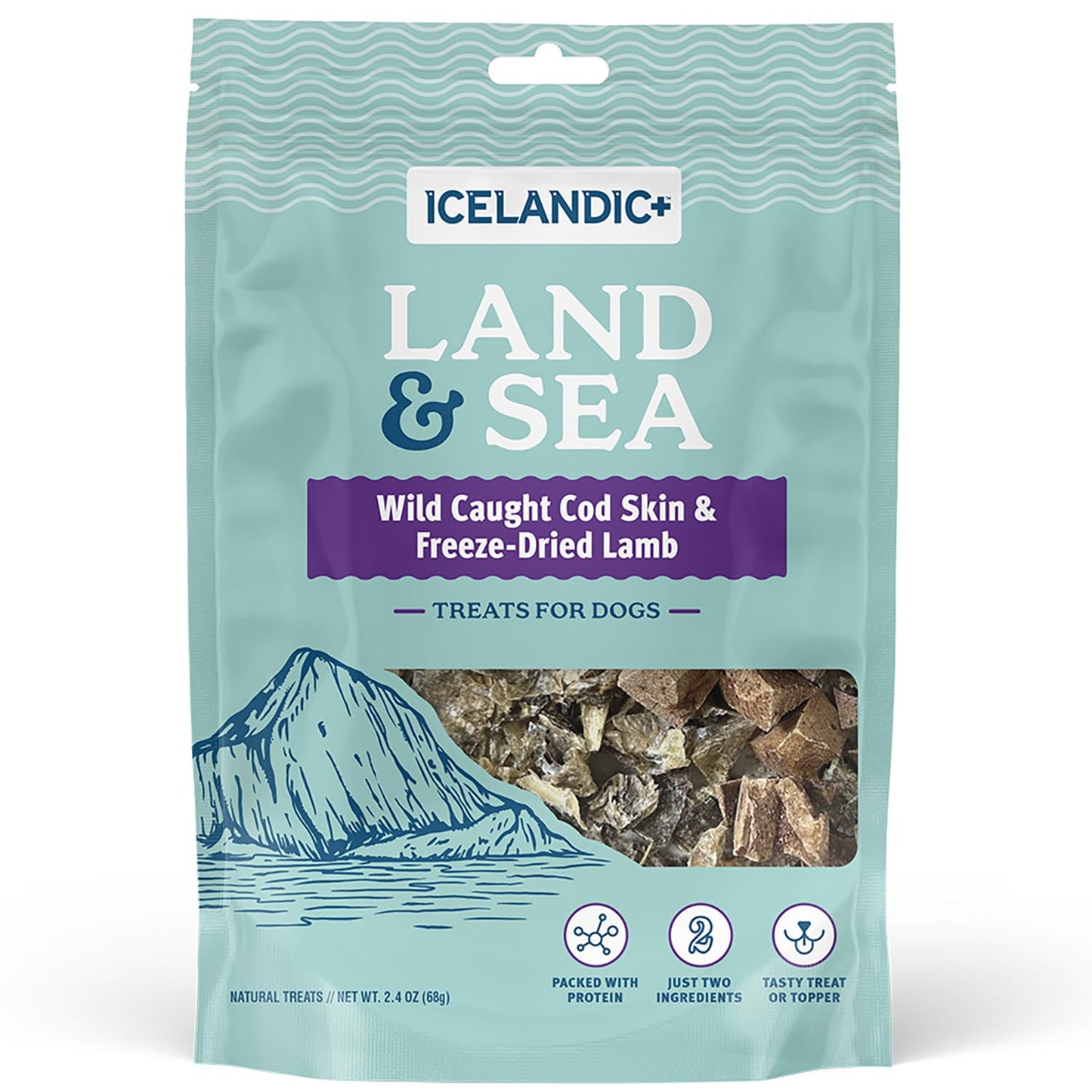Icelandic+ Land & Sea Wild Caught Cod Skin & Freeze-Dried Lamb - 2.4oz Bag, Dog Treat & Food Topper, 2 Ingredients, No Preservatives, All Natural
