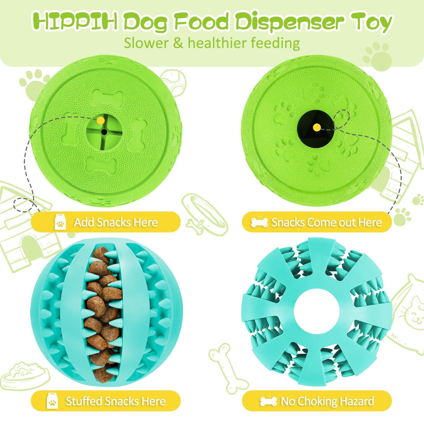 HIPPIH Dog Puzzle Toy 2 Pack, Interactive Dog Toys for Treat Dispensing, Durable Puppy Toys for Teething, Dog Treat Ball for Teeth/Slow Feeder/IQ Training/Playing, Blue-2.75‘’, Green-3.14‘’