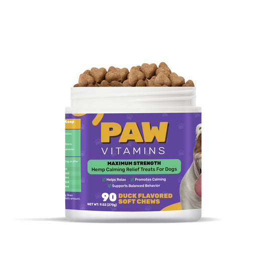 Paw Vitamins Natural Calming Dog Chews (Made in The USA) - with Hemp Oil, Chamomile, Tryptophan, Melatonin & Valerian Root - 90 Count - No THC
