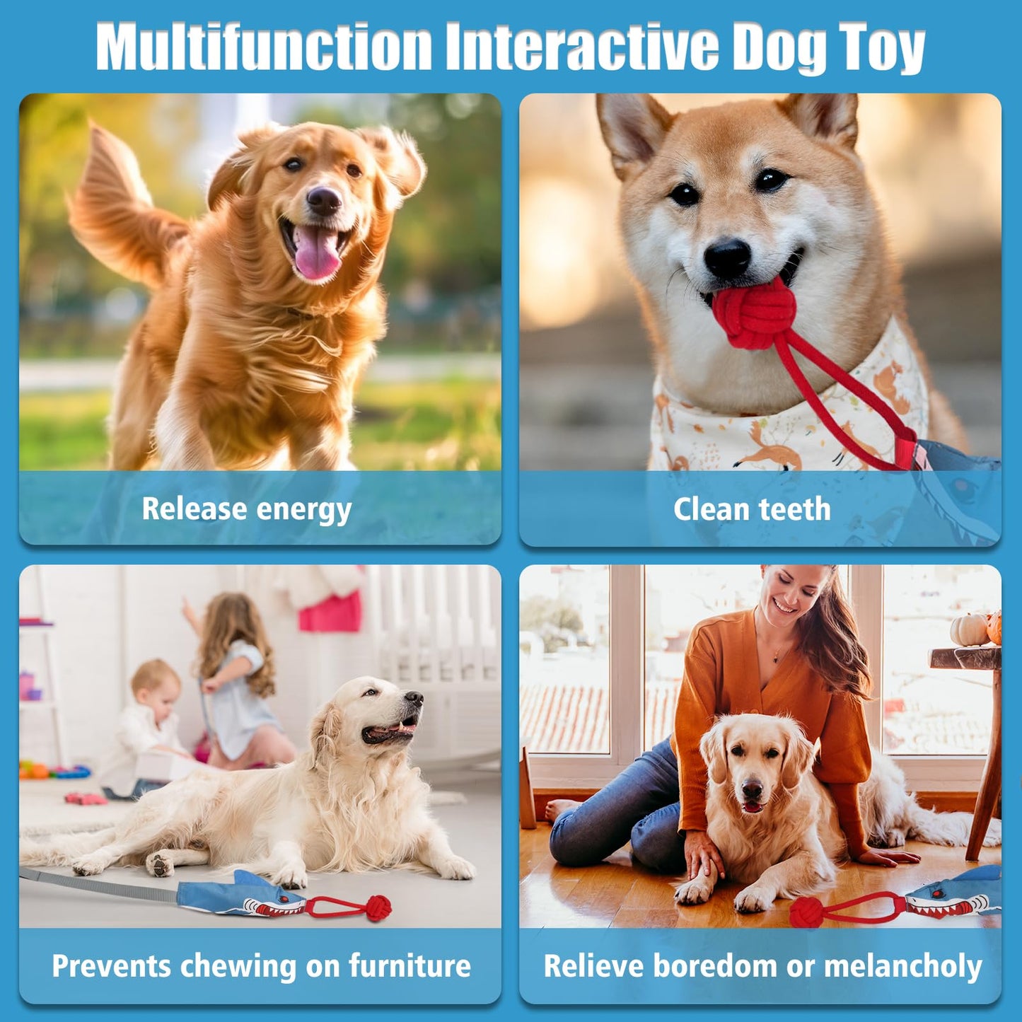Kyakya Tug of War Dog Toy with Suction Cup, Squeaky Shark Shaped Dog Rope Toy for Interactive Training and Aggressive Chewers, Ideal for All Breeds Indoor and Outdoor Play