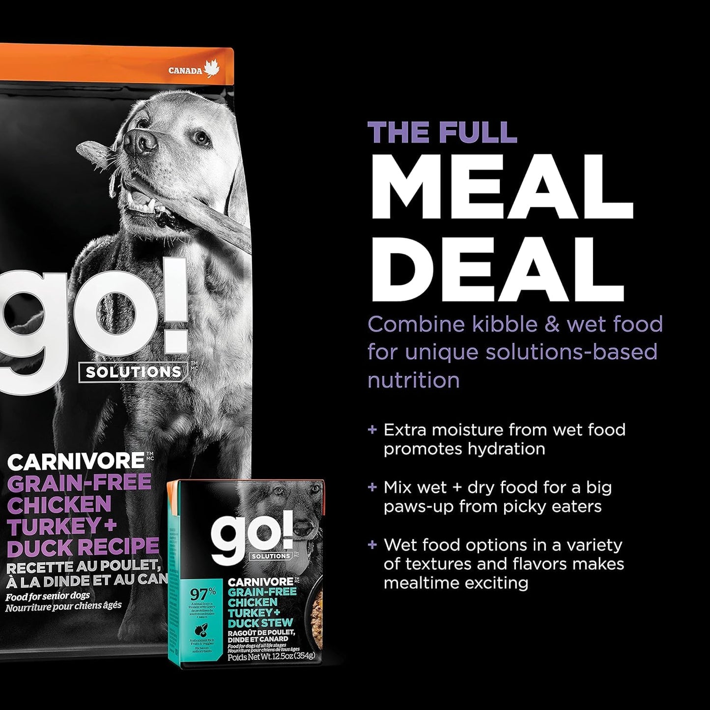 Go! Solutions Carnivore, Grain-Free, Protein Rich Dry Dog Food, Chicken, Turkey and Duck Senior Recipe, 3.5 lb Bag