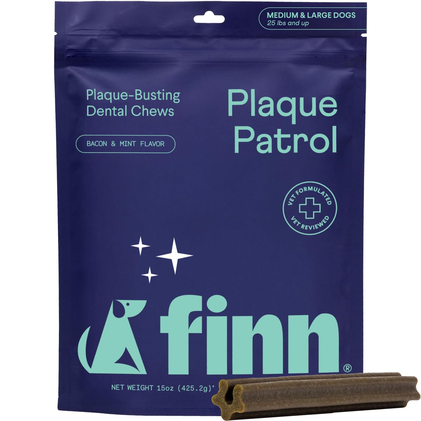 Finn Plaque Patrol Dental Chews | Triple-Action Defense Against Plaque, Tartar, and Bad Breath | for Medium/Large Dogs, 25+ lbs