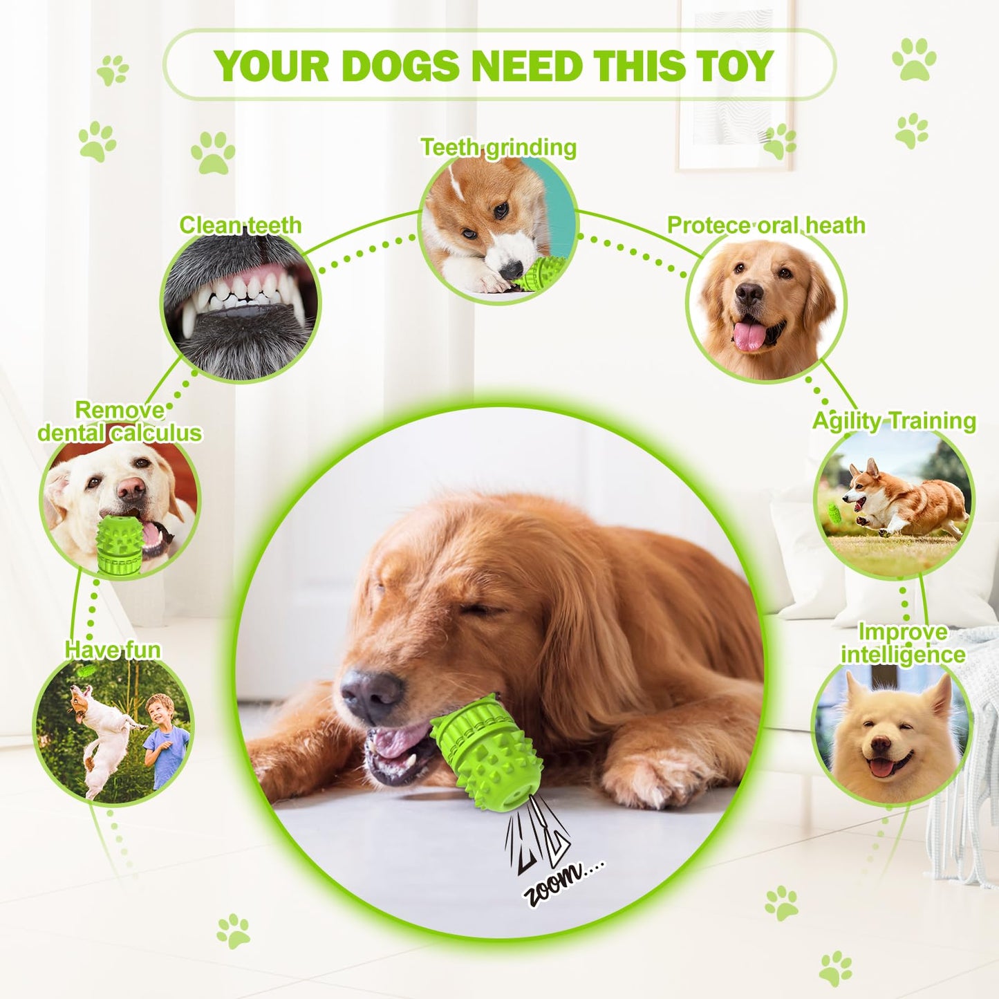 PIFFZEDO Dog Toys for Aggressive Chewers,Interactive Natural Rubber Chew & Squeaky Toy for Large Medium Breed,Dog Toothbrush,Tough & Durable (Green,Large)