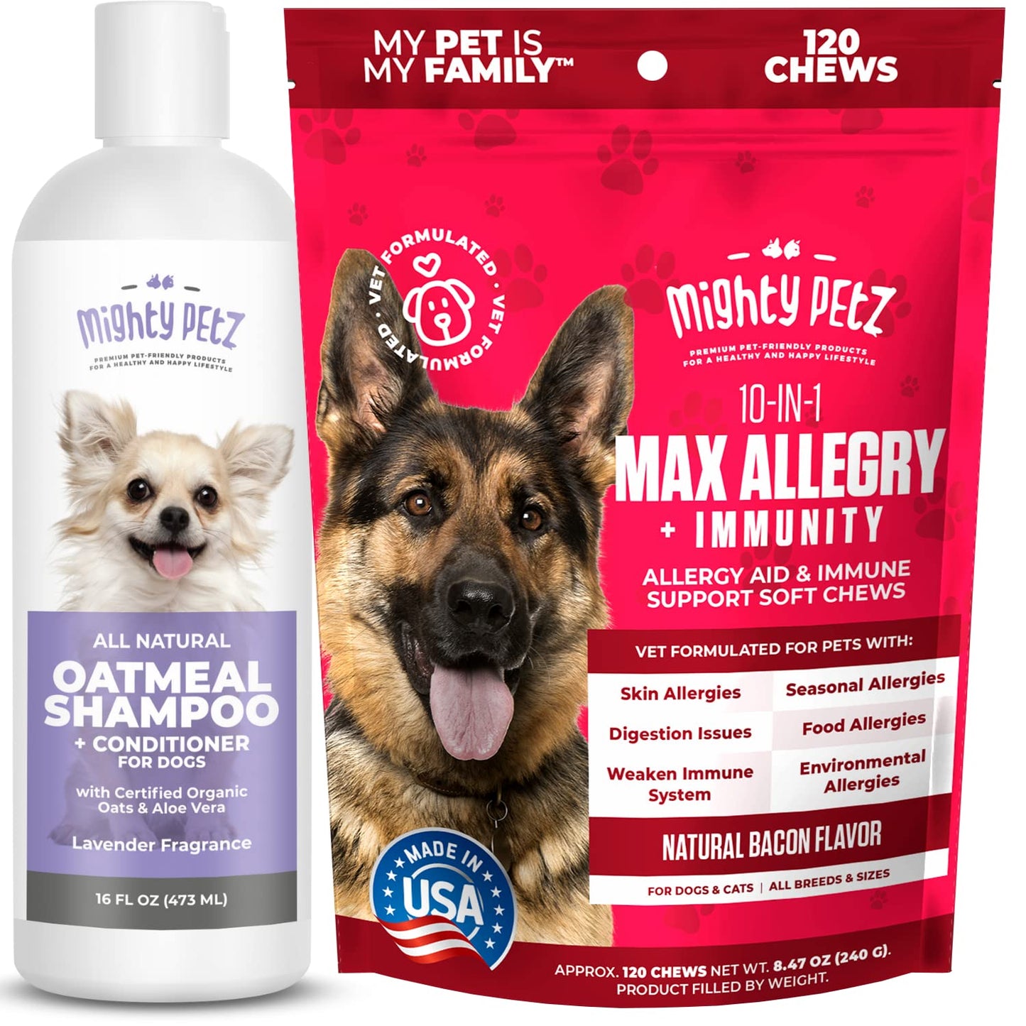 Mighty Petz 2-in-1 Oatmeal Dog Shampoo and Conditioner + Mighty Petz MAX Dog Allergy Relief Bundle