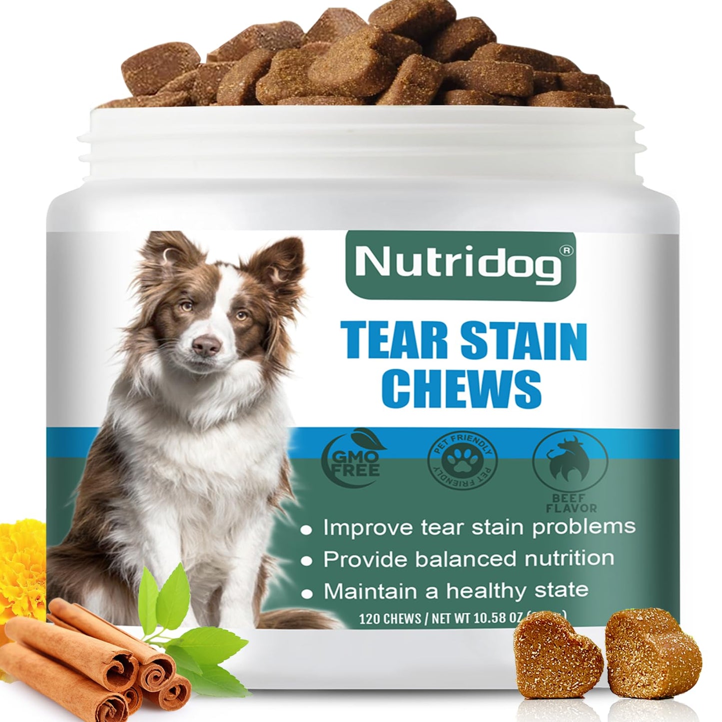 Nutridog Tear Stain Chews for Dogs - Dog Tear Stain Remover & Supplement with Antioxidant Blend, Vitamin C, Lutein - 120ct Beef Flavor Soft Chews for Eye Health & White Fur Care (ND-038)