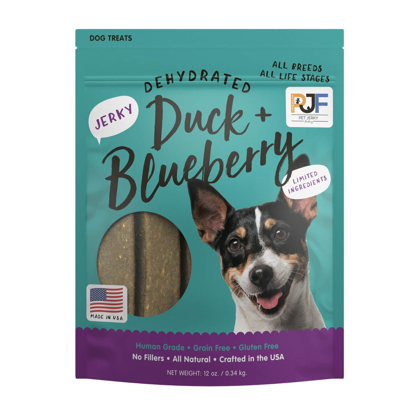 Pet Jerky Factory Premium Duck and Blueberry 12 oz. Dog Jerky Treats | 100% Human Grade | USA Made | High Protein | Grain Free | Limited Ingredients | No Filler | BHA-BHT Free | Soft-Tender