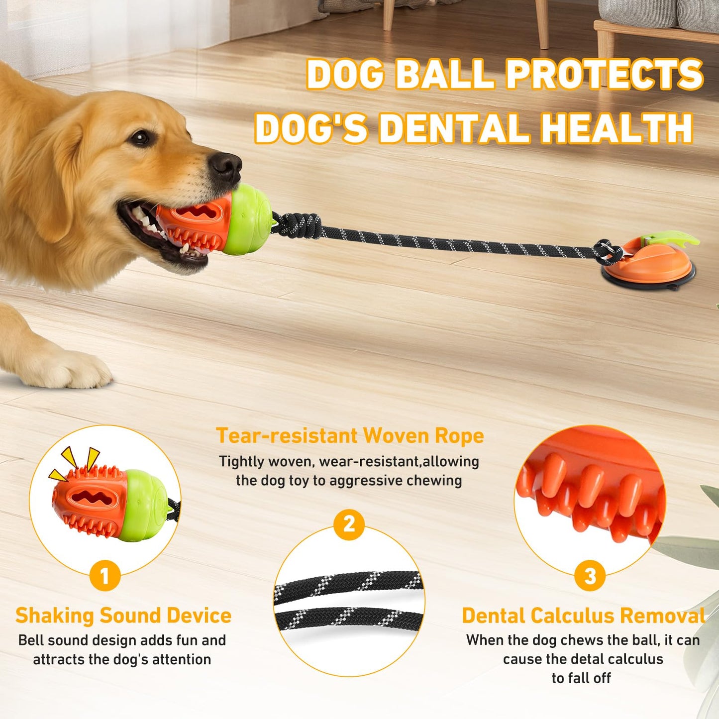 Interactive Dog Toys Tug of War, Stimulating Chew Toy Suction Cup Tug of War Enrichment Rope Boredom Busy Self Play Food Teething, Indestructible Puzzle Toys & Treat Dispensing Ball for Dog Enrichment