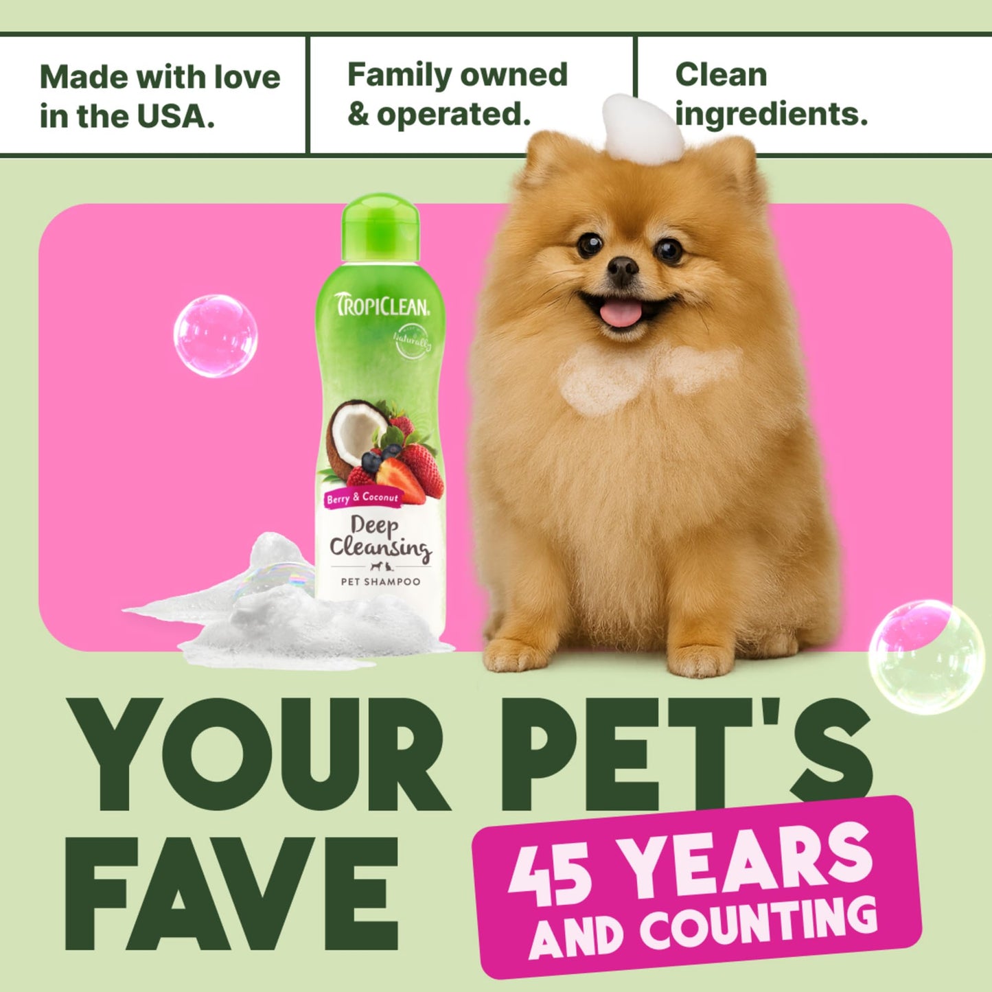 TropiClean Deodorizing Dog Shampoo for Smelly Pets, Long Lasting Odor Control, Puppy Safe, Made in the USA, Berry Scent, Cat Friendly, 12oz.
