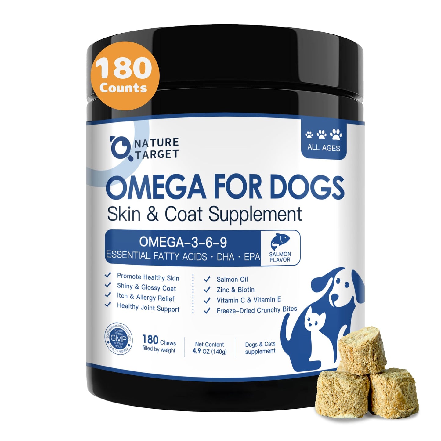 NATURE TARGET Omega 3 Fish Oil for Dogs, Salmon Oil for Dogs Skin and Coat with EPA & DHA Fatty Acids, Dog Itchy Skin Relief & Hot Spot Treatment, Reduce Shedding, Support Hip & Joint Health - 180 ct
