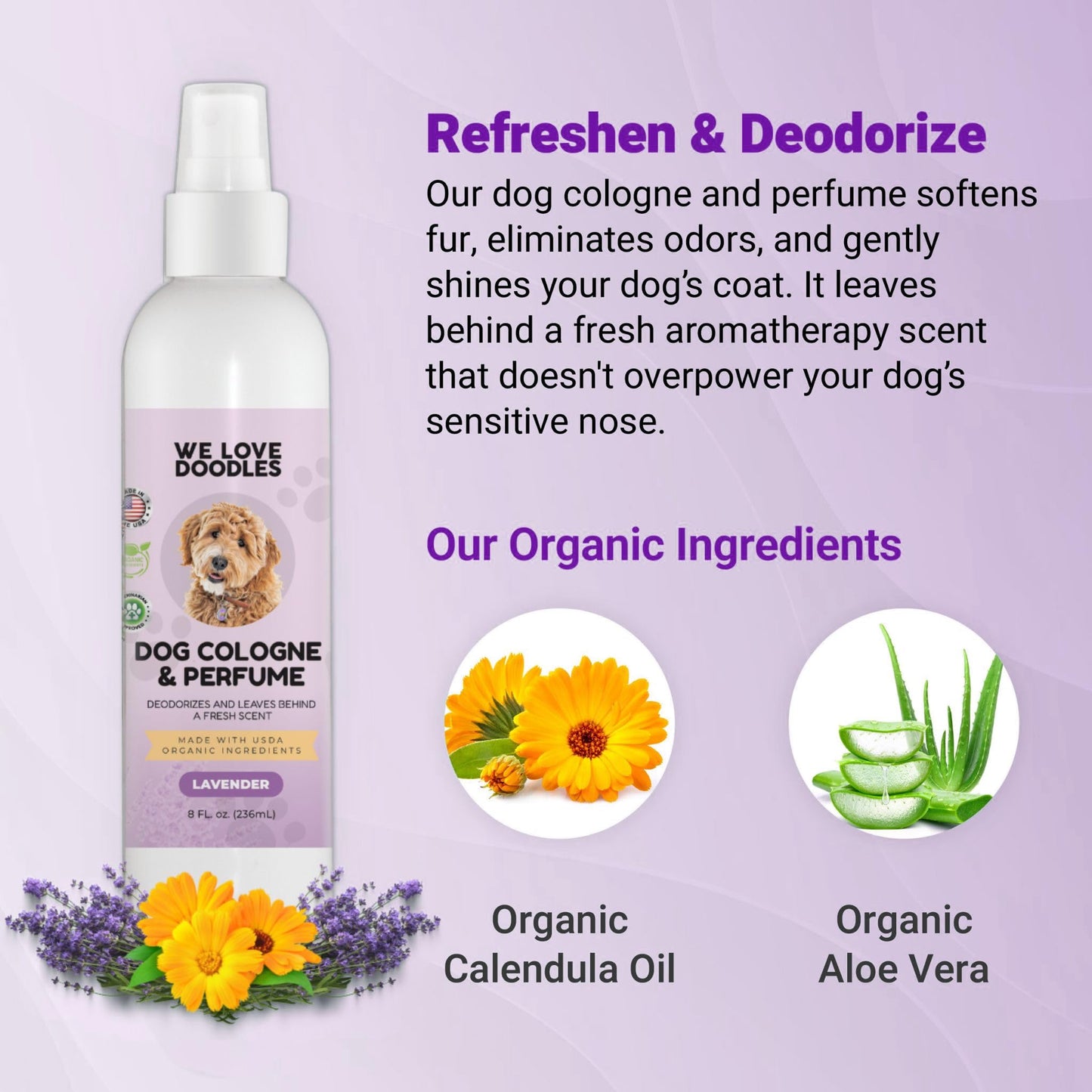 We Love Doodles Dog Cologne & Perfume and 4-in-1 Dog Shampoo, Conditioner & Detangler (Lavender) Bundle - Deodorant For Smelly Dogs & Shampoo for Goldendoodles, Poodles & Doodles Kit - Made In USA