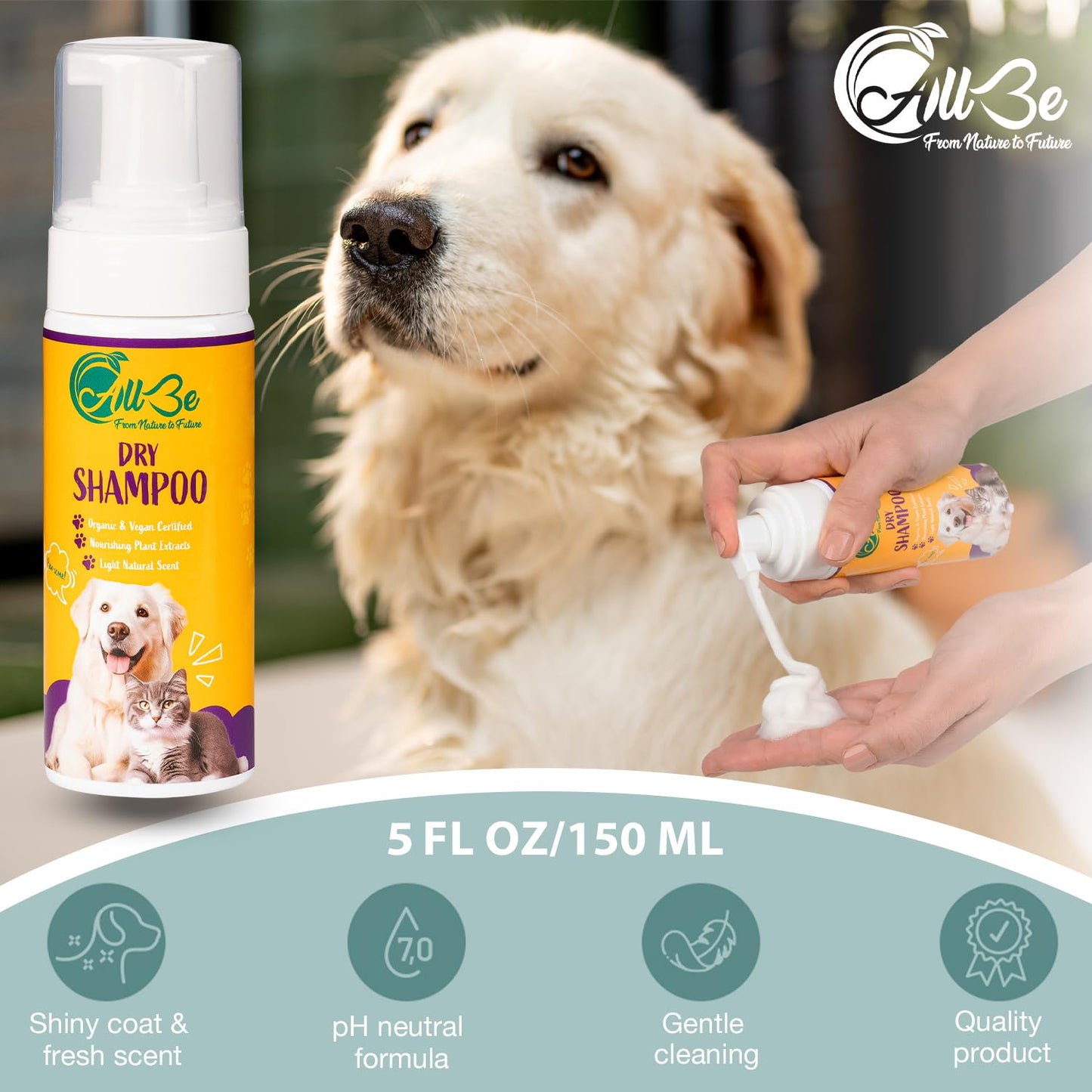 ALLBE Waterless Dry Shampoo for Dogs & Cats, No Rinse Waterless Cat & Dog Shampoo, for Sensitive Skin, Itch Control, No Dog Wash, Deep Cleans & Conditions, Anti-Shedding Pet Care for Smelly Dogs, 5 Oz