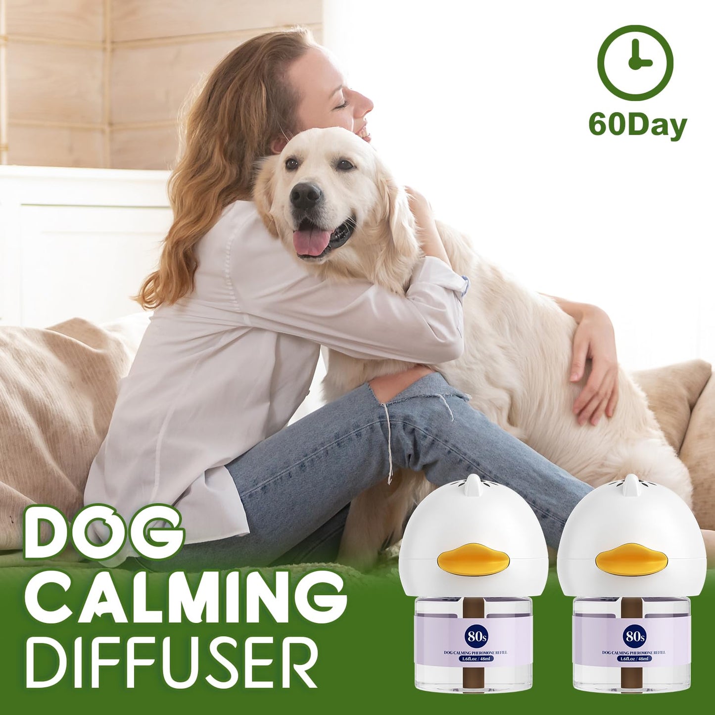 80S Calming Diffuser for Dog, Dog Pheromones Calming Plug in Diffuser, Stop Peeing, 30 Days Continuous Stress & Anxiety Relief for Dogs, Barking, Fear of Thunderstorms, 2 Diffuser 2 Refill