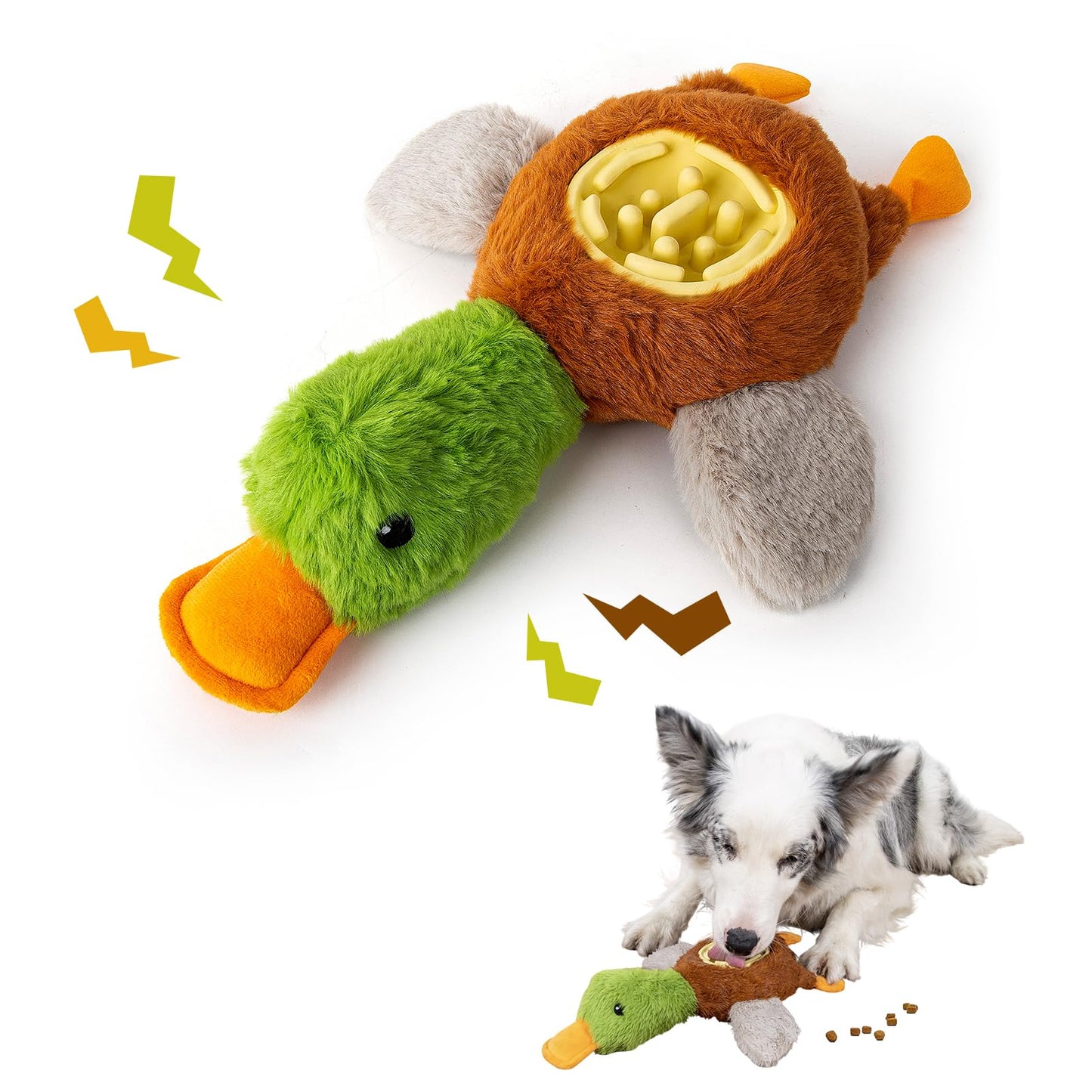 Hollypet Squeaky Plush Stuffed Dog Puzzle Toy with Slow Feeder Bowl, Interactive Chew Toy for Small and Medium Dogs, Wild Duck
