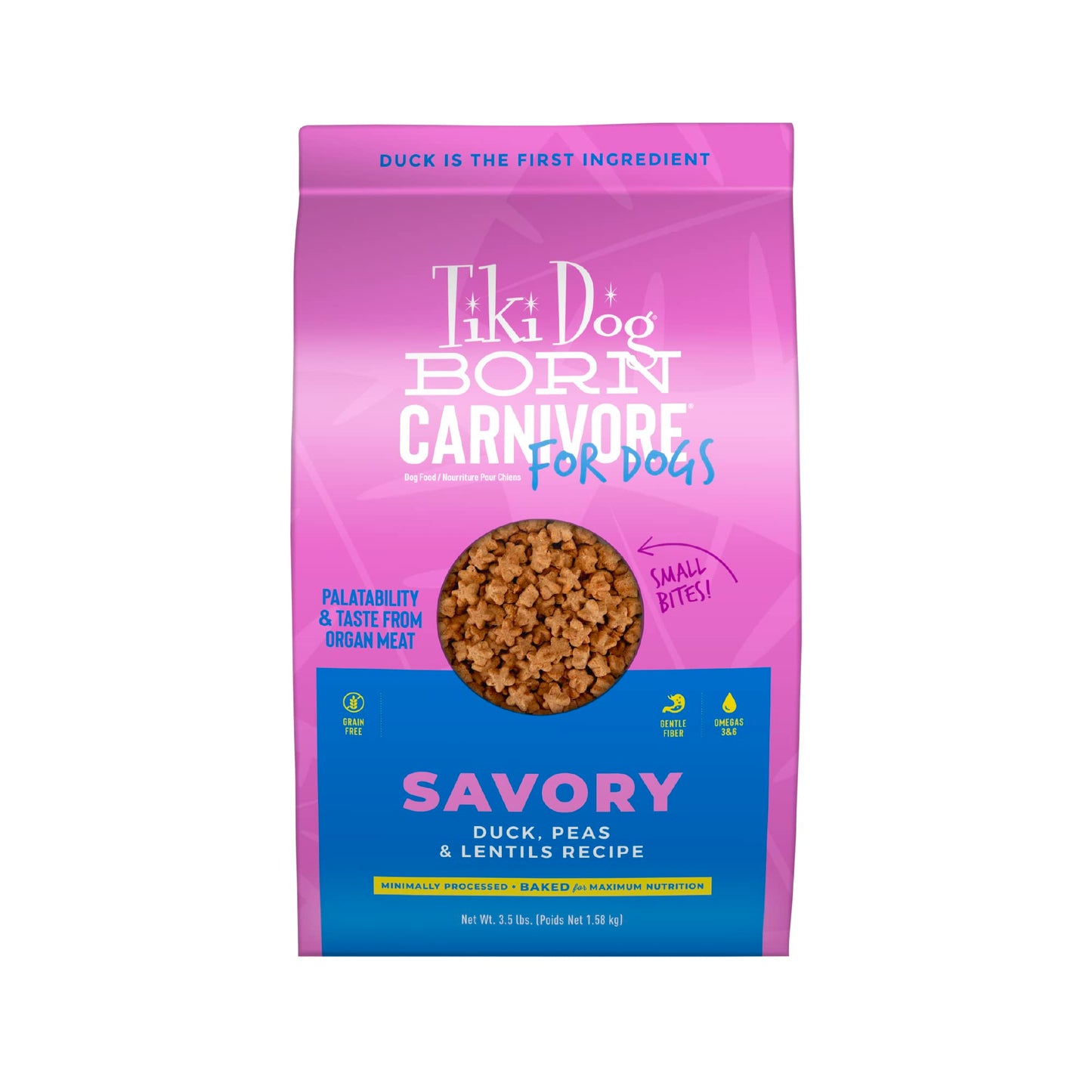 Tiki Dog Born Carnivore for Dogs, Savory Duck, Peas & Lentils Recipe, Grain Free Baked Kibble for Maximum Nutrition, For Adult Dogs and All Size Breed Dogs, 3.5 lbs Bag(Pack of 1)