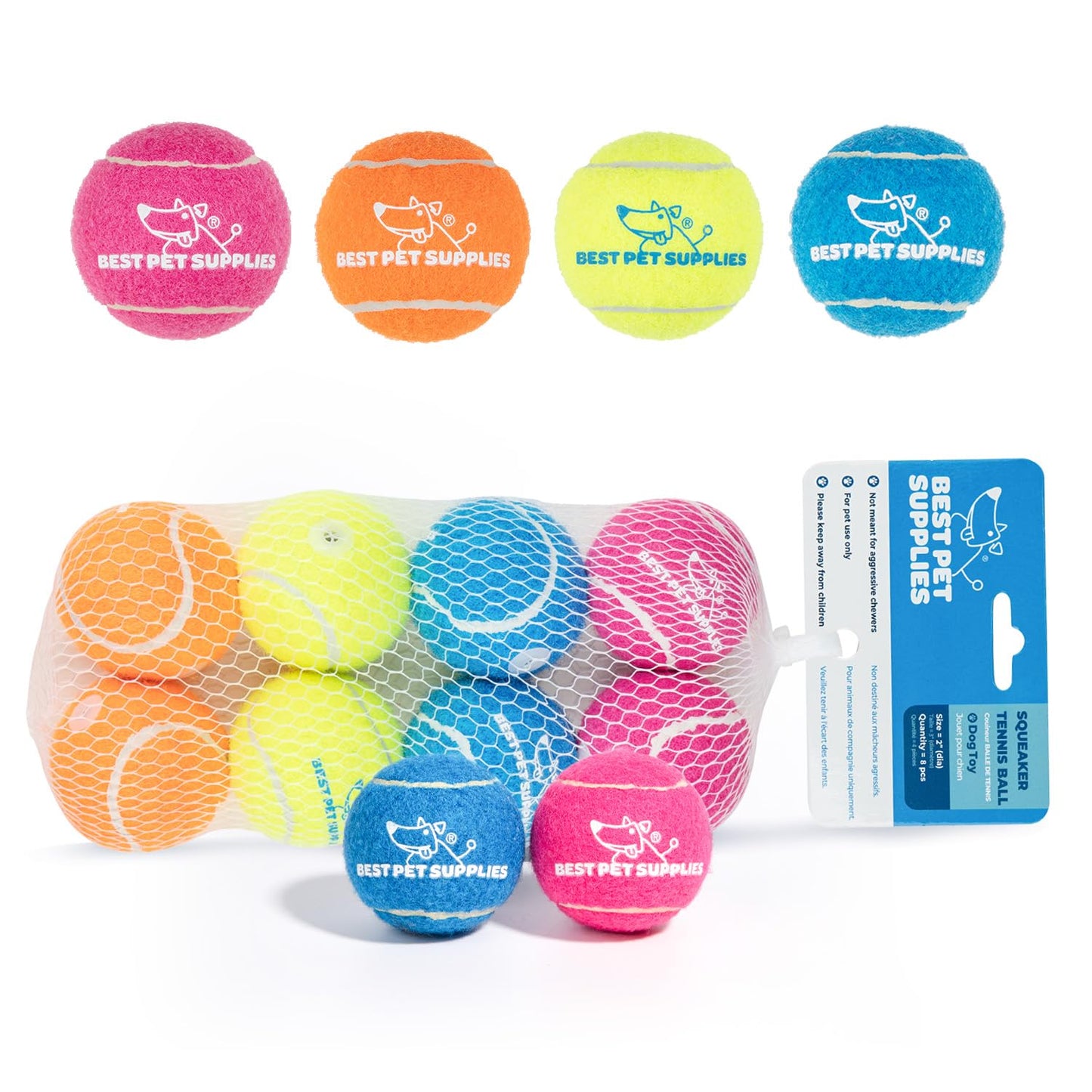 Best Pet Supplies Squeaky Tennis Toys for Dogs, 8-Pack, Heavy-Duty Interactive Pet Toys for Throwing and Fetching, Supports Exercise and Natural Behavior Training, Durable - Small