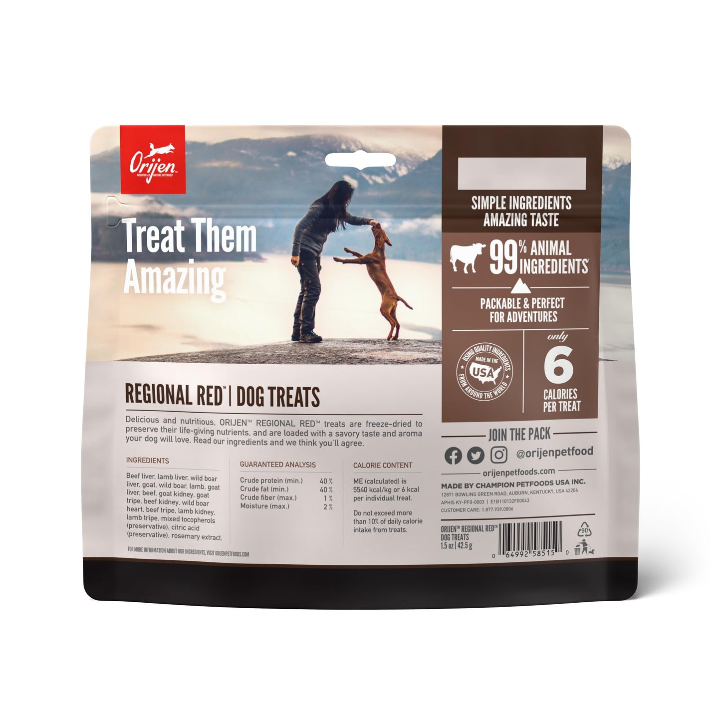 ORIJEN Grain Free High Protein Freeze Dried Dog Treats Regional Red Recipe 1.5oz Bag