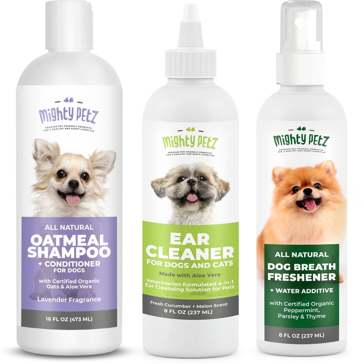 Mighty Petz 2-in-1 Oatmeal Dog Shampoo + Mighty Petz Dog Ear Cleaner Solution + 2-in-1 Dog Breath Freshener Spray & Water Additive Bundle