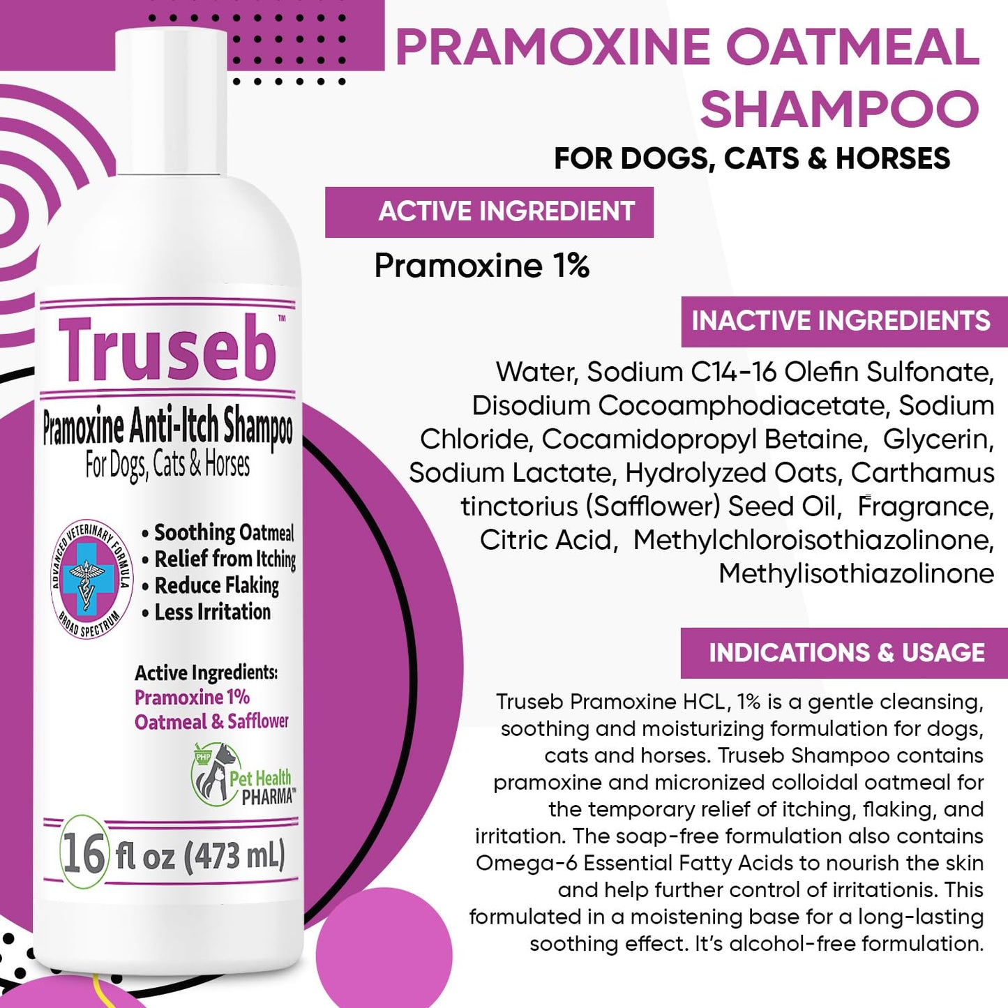 Truseb | Pramoxine 1% Shampoo for Itching Shampoo for Dogs and Cats with Eczema Relief from Scratchy, Itchy, Dry Skin, Hot Spots Moisturizing Oatmeal (Pramoxine 1% Shampo, 16 Oz)