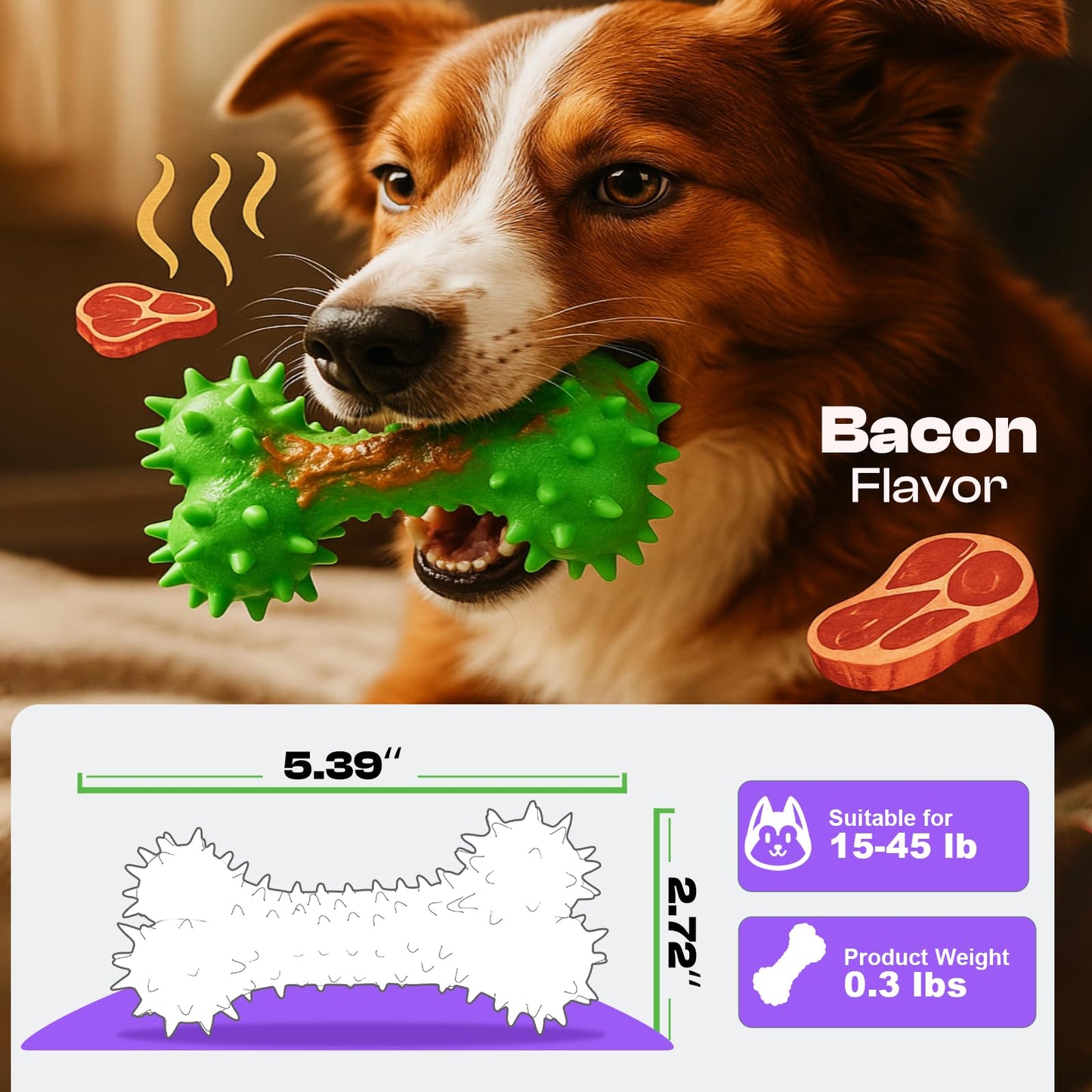 QWKNY Durable Dog Chew Toy for Aggressive Chewers – Rubber Puppy Teething Toy with Bacon Flavor, Interactive Dog Toothbrush Stick for Teeth Cleaning & Gum Massage, Ideal for Small Dogs & Puppies