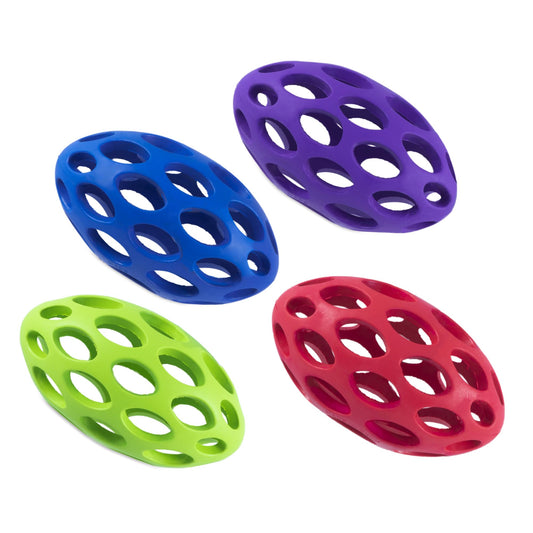 JW Pet Hol-ee Football Dog Toy Puzzle Ball, Natural Rubber, Medium (6.5 Inch Length), Colors May Vary