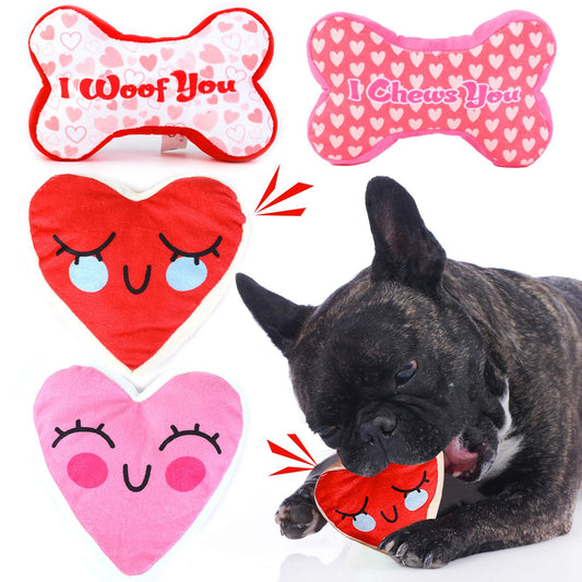 Mruq pet Pink Dog Toys, 4pcs Cute Fun Interactive Plush Squeaky Dog Toys, Red and Pink Bone and Heart Gifts Puppy Dog Teething Chew Toys for Small Medium Pet Dogs Teeth Cleaning