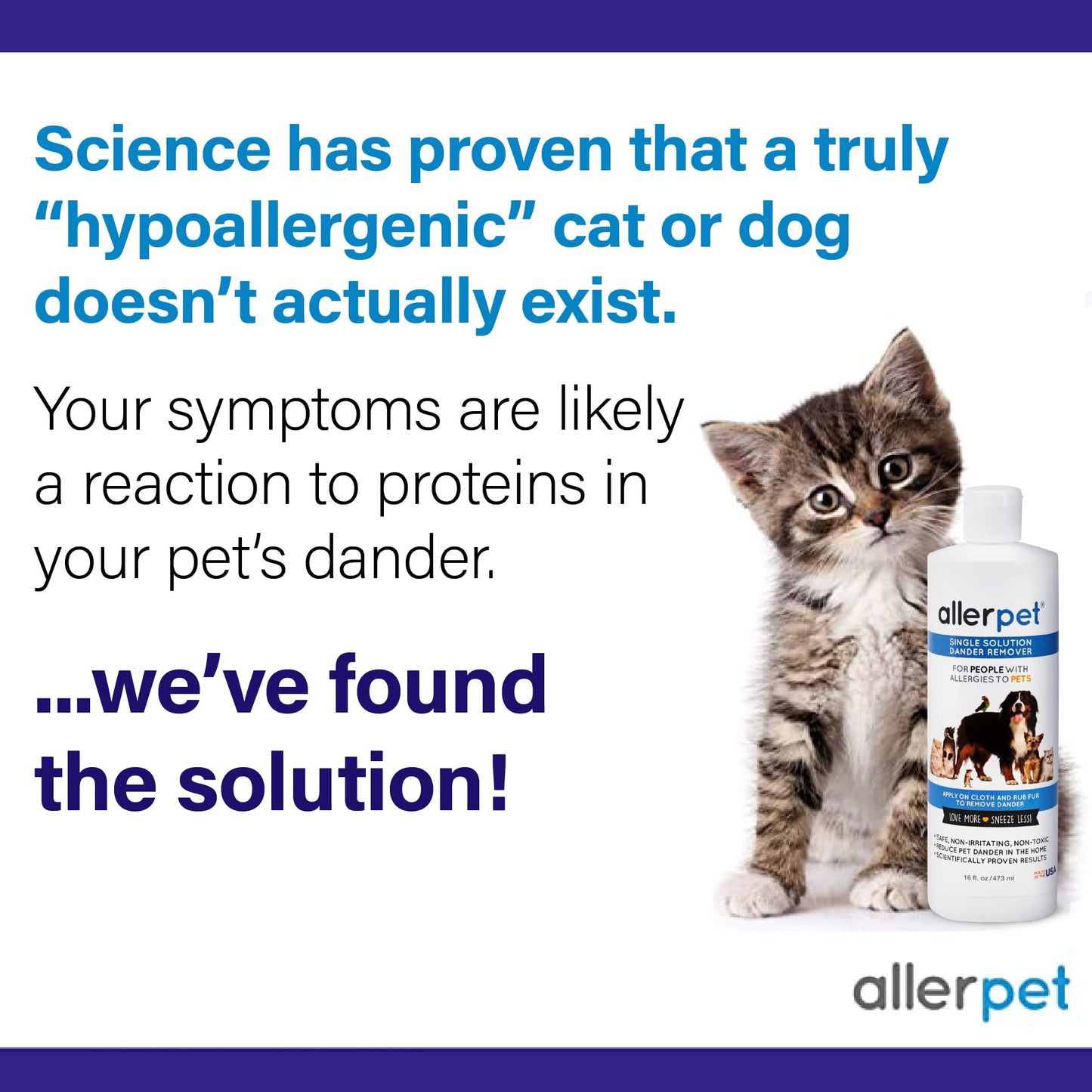 Allerpet Single Solution 16 fl oz Bottle Dander Remover for Pets - Relieves Allergies - Bonus Mitt to Easily Apply Solution to Your Pet