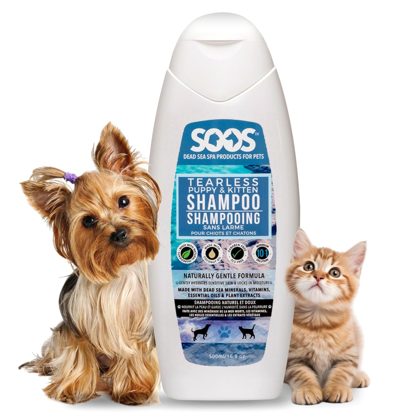Soos Pet Tear-Less Shampoo for Puppies and Kittens | Natural Dead Sea Minerals | Fast Absorbing, Moisturizing, Gentle Skin Care | Vitamins & Essential Oils for Sensitive Skin - 500ml