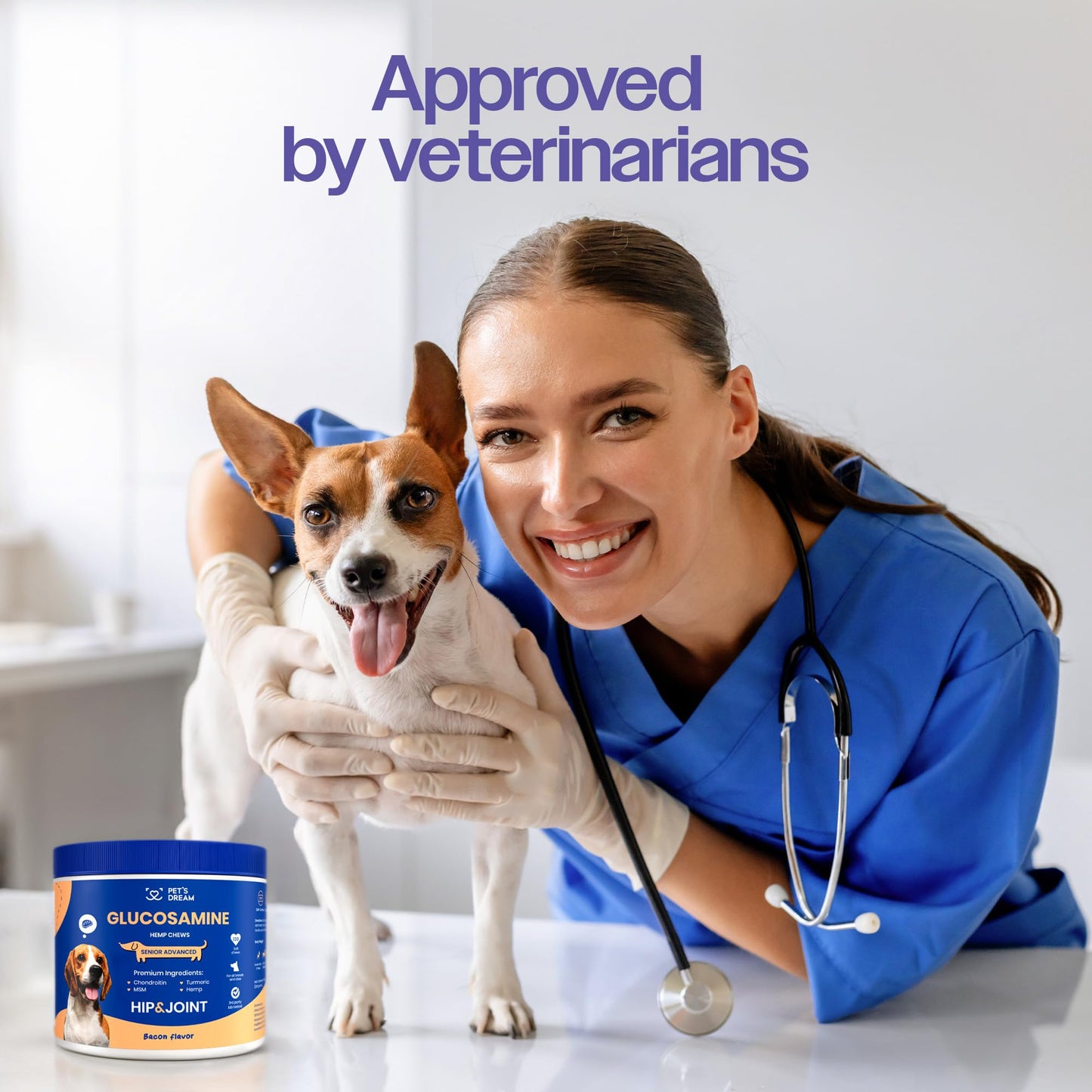 PET'S DREAM Hip and Joint Glucosamine for Dogs, Senior Advanced Joint Supplement for Dogs with Chondroitin & MSM, Dog Hip and Joint Supplement Large & Small Breed, Bacon Flavor, 130 Chews