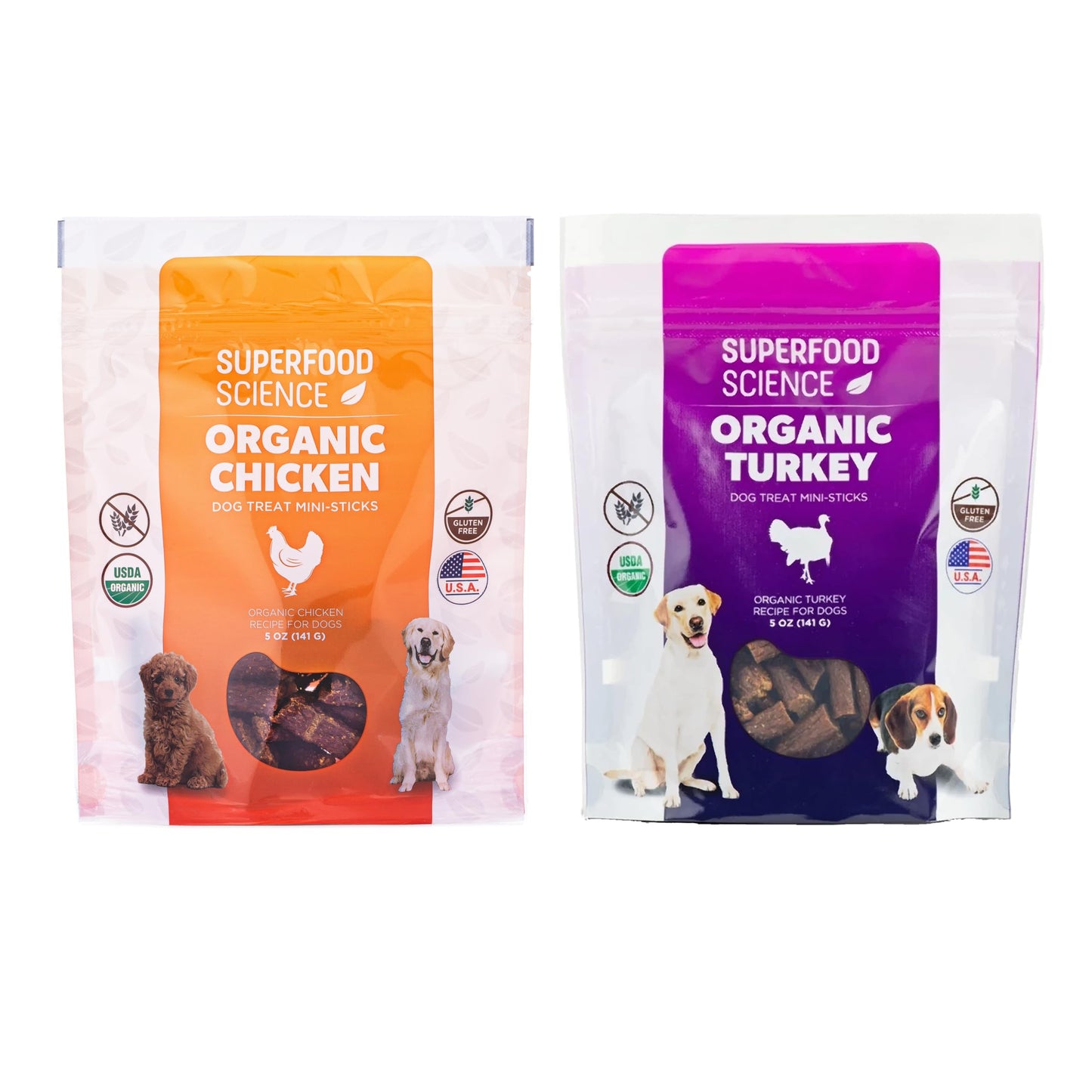 Organic Chicken & Turkey Dog Snacks, USA-Made Jerky Sticks, Healthy Training Treats, All Natural, For All Dog Sizes, 2 Pack, 5 OZ Each