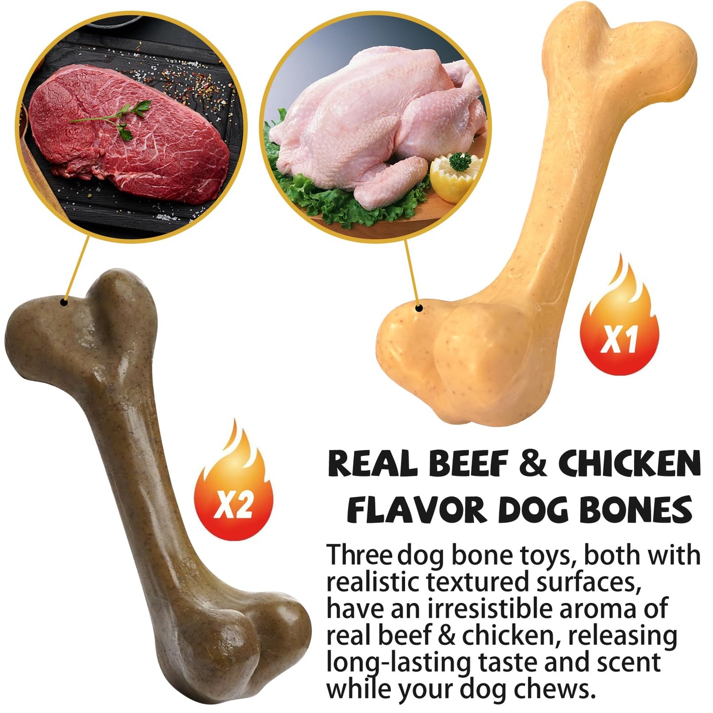 UXVA Indestructible Dog Bones for Aggressive Chewers, Durable Tough Puppy Teething Toys, Interactive Dog Toys for Medium/Large Breed, Beef & Chicken Flavor (3pcs)