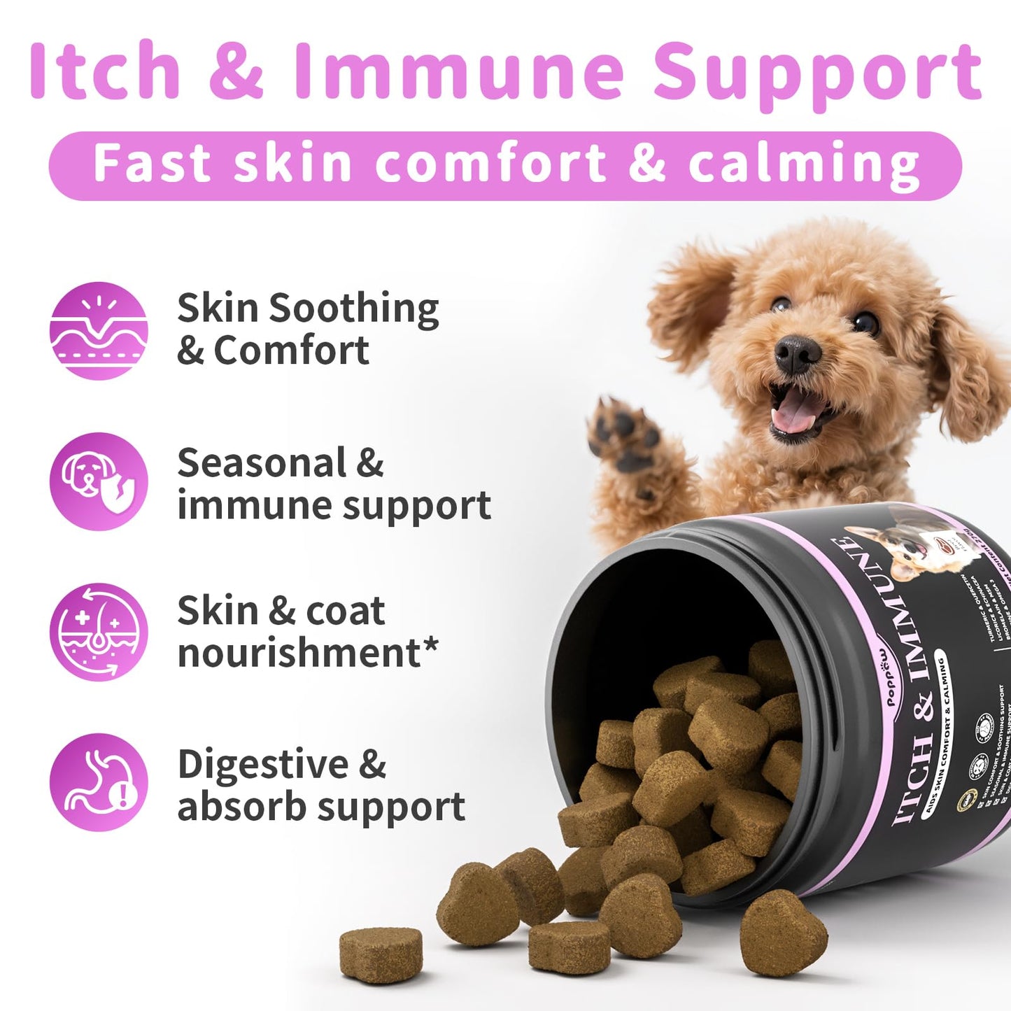 POPPAW Itch Relief for Dogs - Turmeric Supplements for Itching Skin Comfort & Coat Health & Seasonal Allergy Care, Immune Support Supplement with Omega-3 Fish Oil, Biotin - Beef Flavor - 90 Count