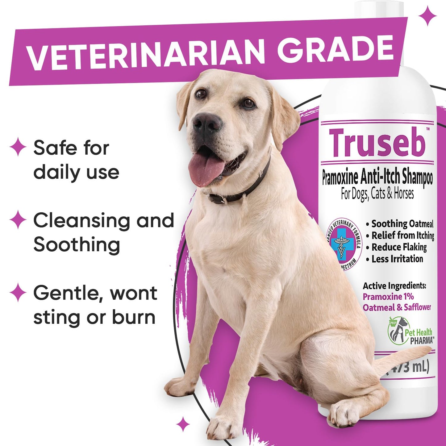 Truseb | Pramoxine 1% Shampoo for Itching Shampoo for Dogs and Cats with Eczema Relief from Scratchy, Itchy, Dry Skin, Hot Spots Moisturizing Oatmeal (Pramoxine 1% Shampo, 16 Oz)