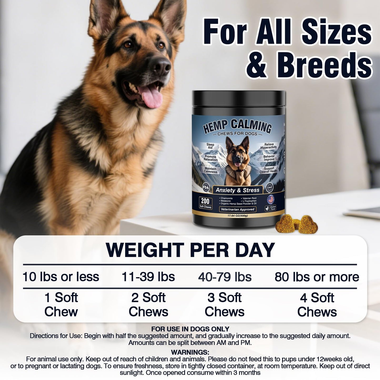 Calming Chews for Dogs 200ct Hemp Dog Calming Chews - Anxiety and Stress Relief Treats Melatonin Bites Sleep Aid for Small/Medium/Large Dogs Calm Dog - Separation, Fireworks, Thunder, Barking,Chewing