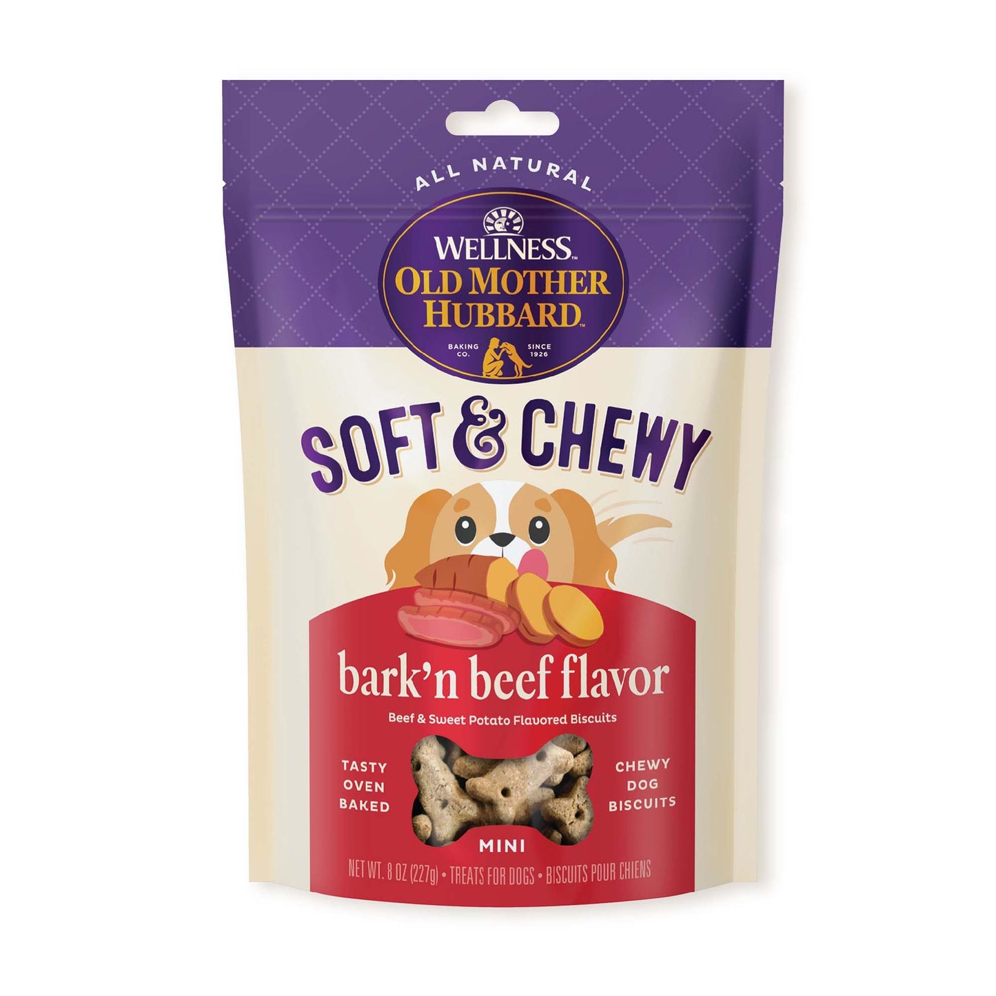 Old Mother Hubbard Wellness Soft & Chewy Bark'n Beef Dog Biscuits, Natural, Training Treats, Beef & Sweet Potato Flavor, Mini Size, (8 Ounce Bag)