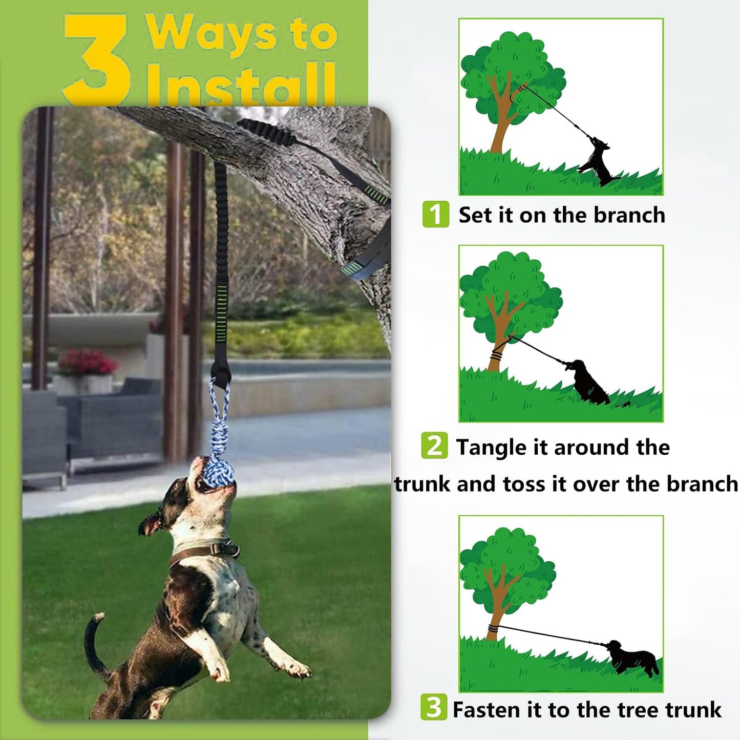TUAHOO Outdoor Hanging Dog Bungee Tug Solo Toy, Tree Tugger Pull Rope & Tether Tug a War for Pitbull Medium Large Aggressive Chewers, Interactive Exercise Play Cord, 2 Dog Rope Toys