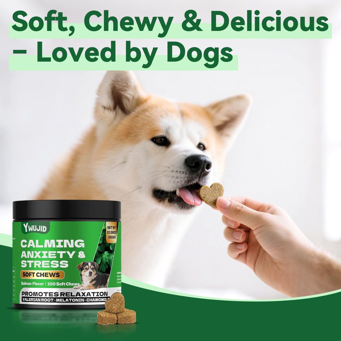 YWUJID Calming Chews for Dogs - Natural Soothing Treats for Anxiety, Stress, Travel, Thunder & Fireworks - Tasty Soft Chews for All Breeds & Sizes - 100 Count