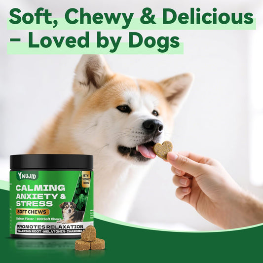YWUJID Calming Chews for Dogs - Natural Soothing Treats for Anxiety, Stress, Travel, Thunder & Fireworks - Tasty Soft Chews for All Breeds & Sizes - 100 Count