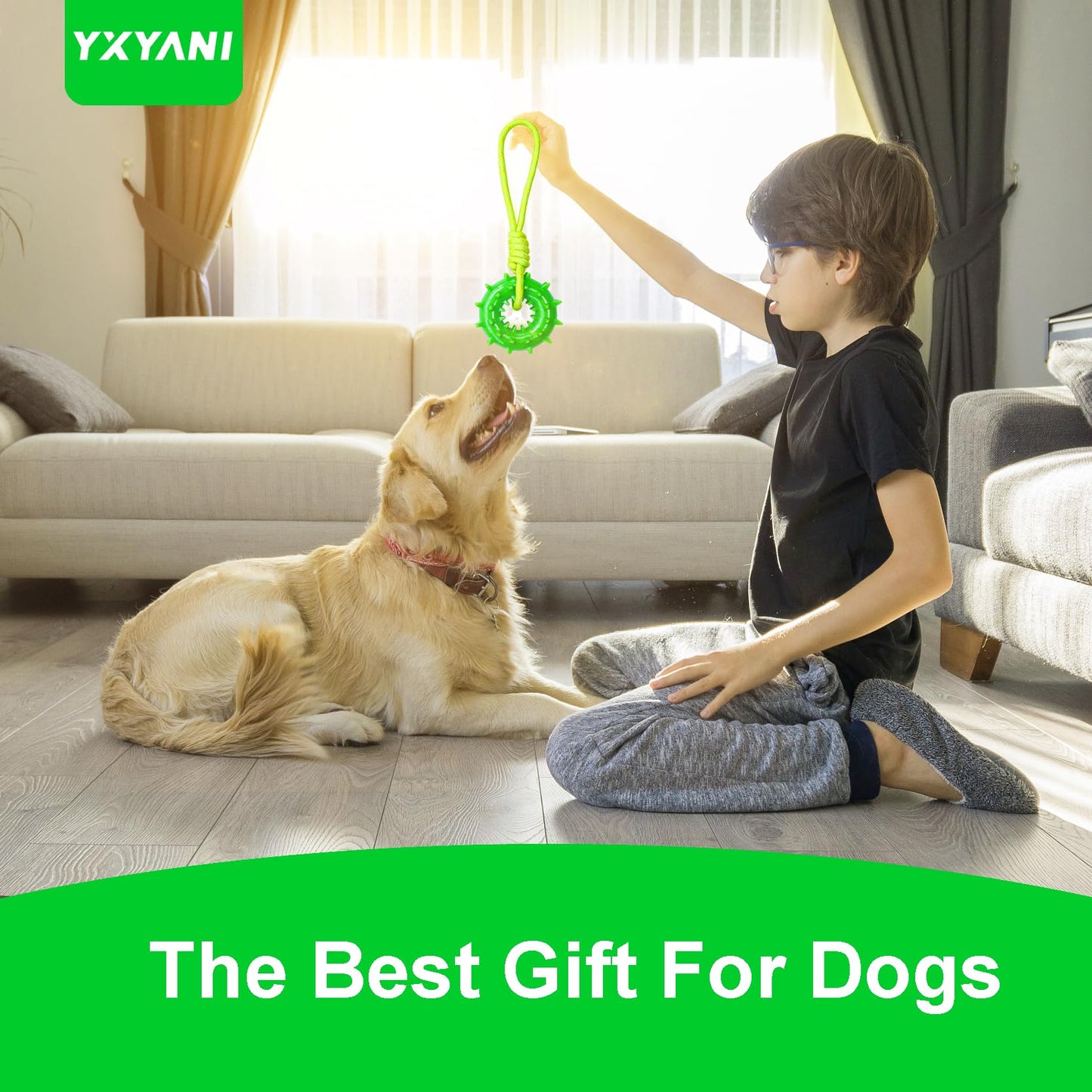 YXYANI Durable Dog Chew Toy – Tough Rubber and Rope Tug Toy with Squeaker, Interactive Training and Fetch Toy for Aggressive Chewers, Medium and Large Dogs, Heavy Duty Tug-of-War (Round Ball)