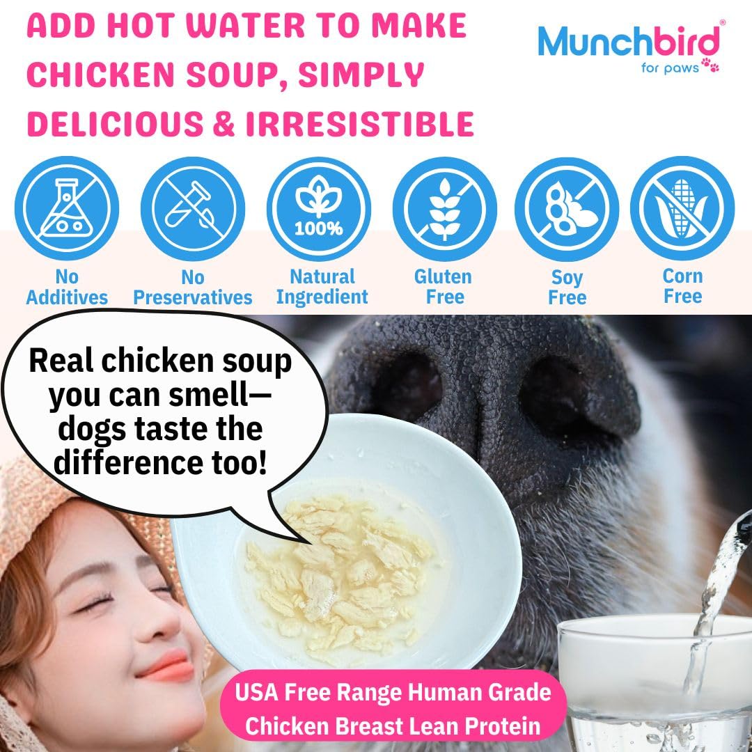 Munchbird USA Free Range Human Grade Chicken Breast Food Topper for Dogs, Freeze-Dried, High Protein Low Fat, Grain Free, Makes Chicken Soup